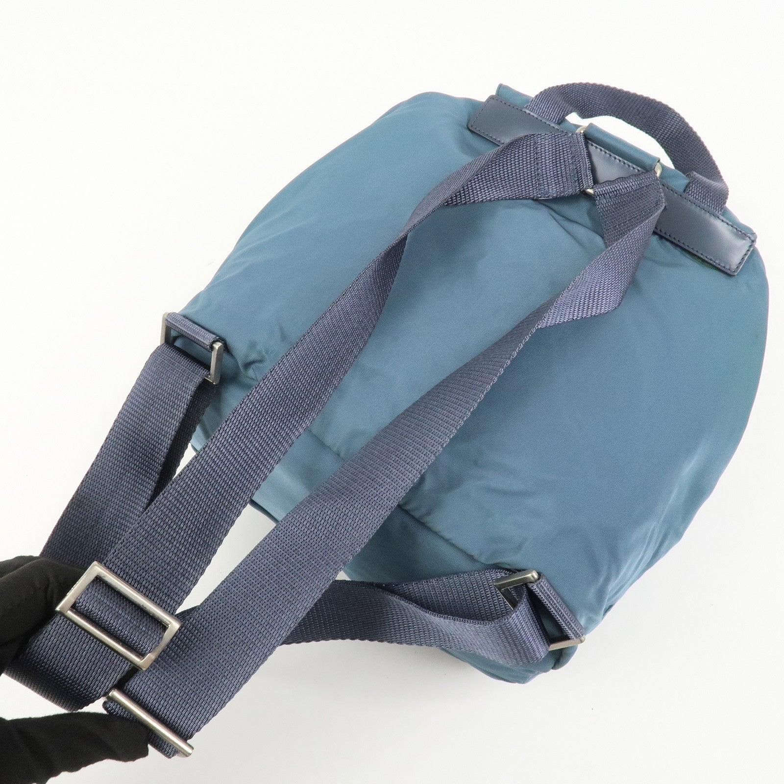 PRADA Triangle Logo Nylon Leather Backpack Rucksack Blue B6677F