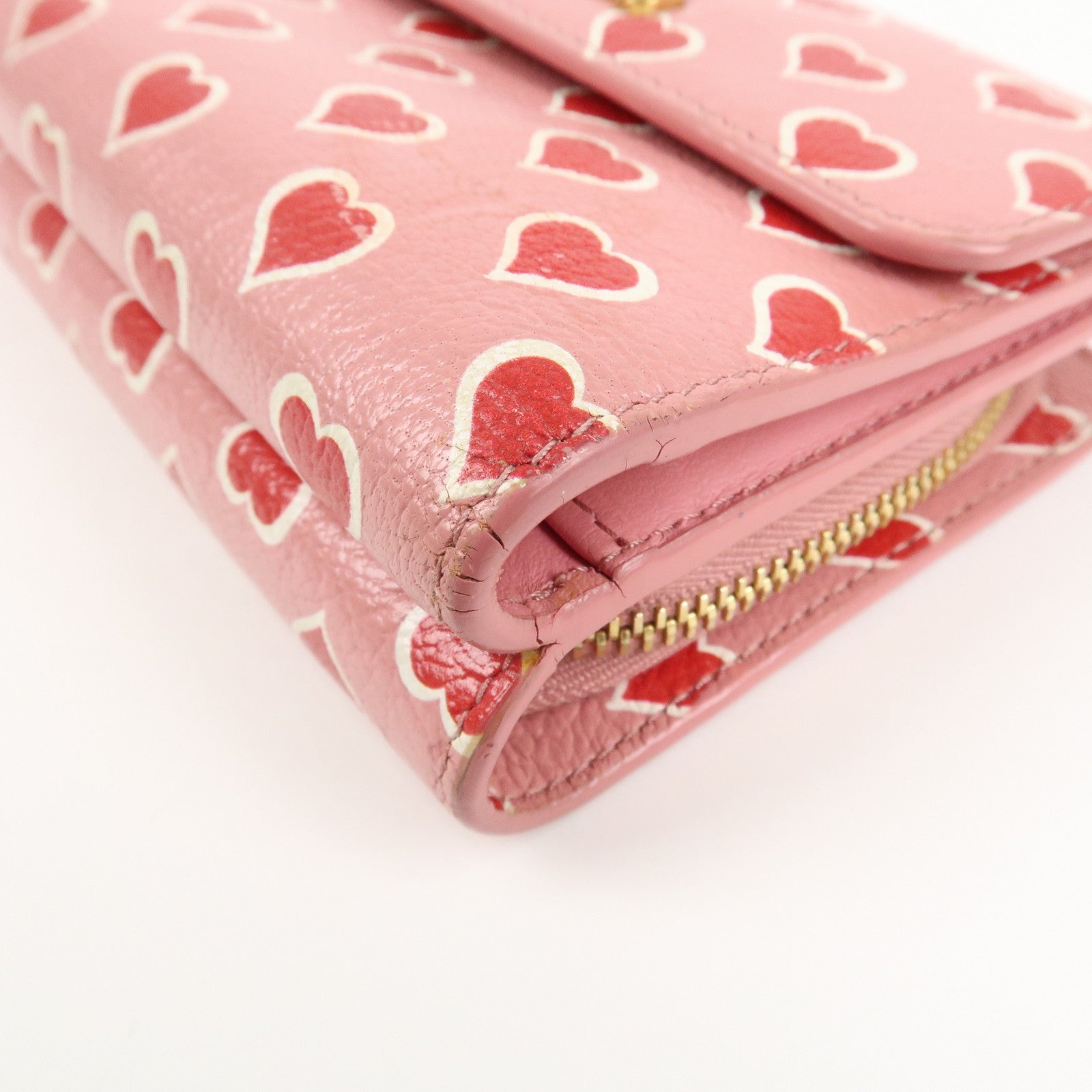 MIU MIU Leather Heart Bi-fold Wallet Pink Red 5ML014 Used