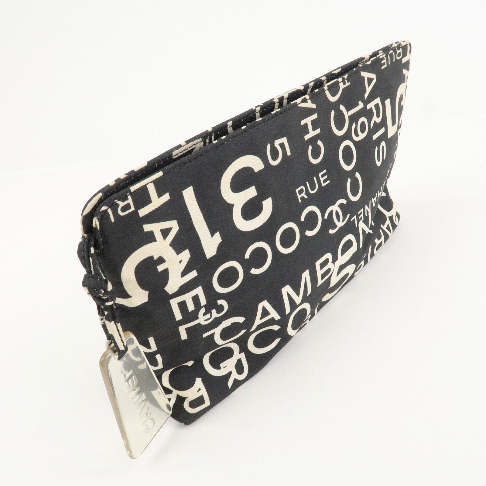 CHANEL By Sea Line Canvas Clutch Bag Cosmetic Pouch Black White