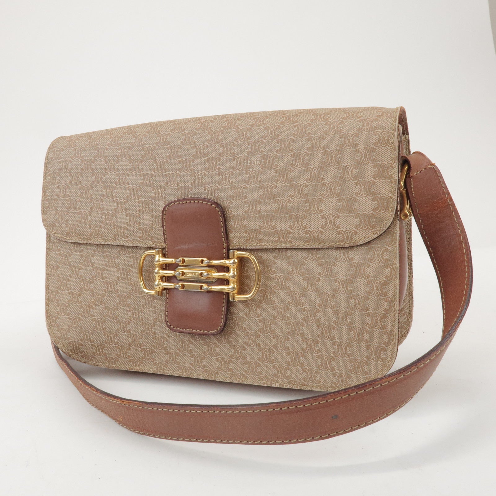 CELINE Macadam PVC Leather Shoulder Bag Beige Brown