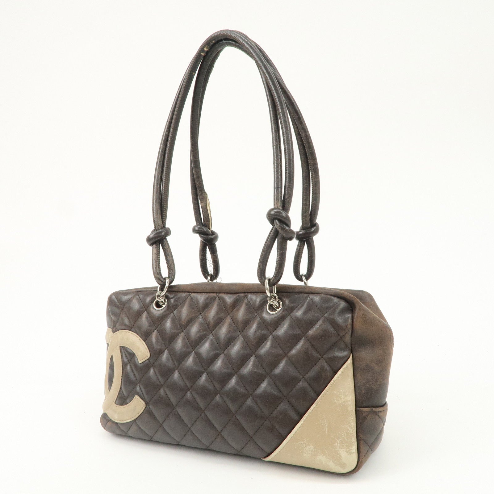 CHANEL Cambon Line Lamb Skin Bowling Bag Hand Bag Brown A25171 Used