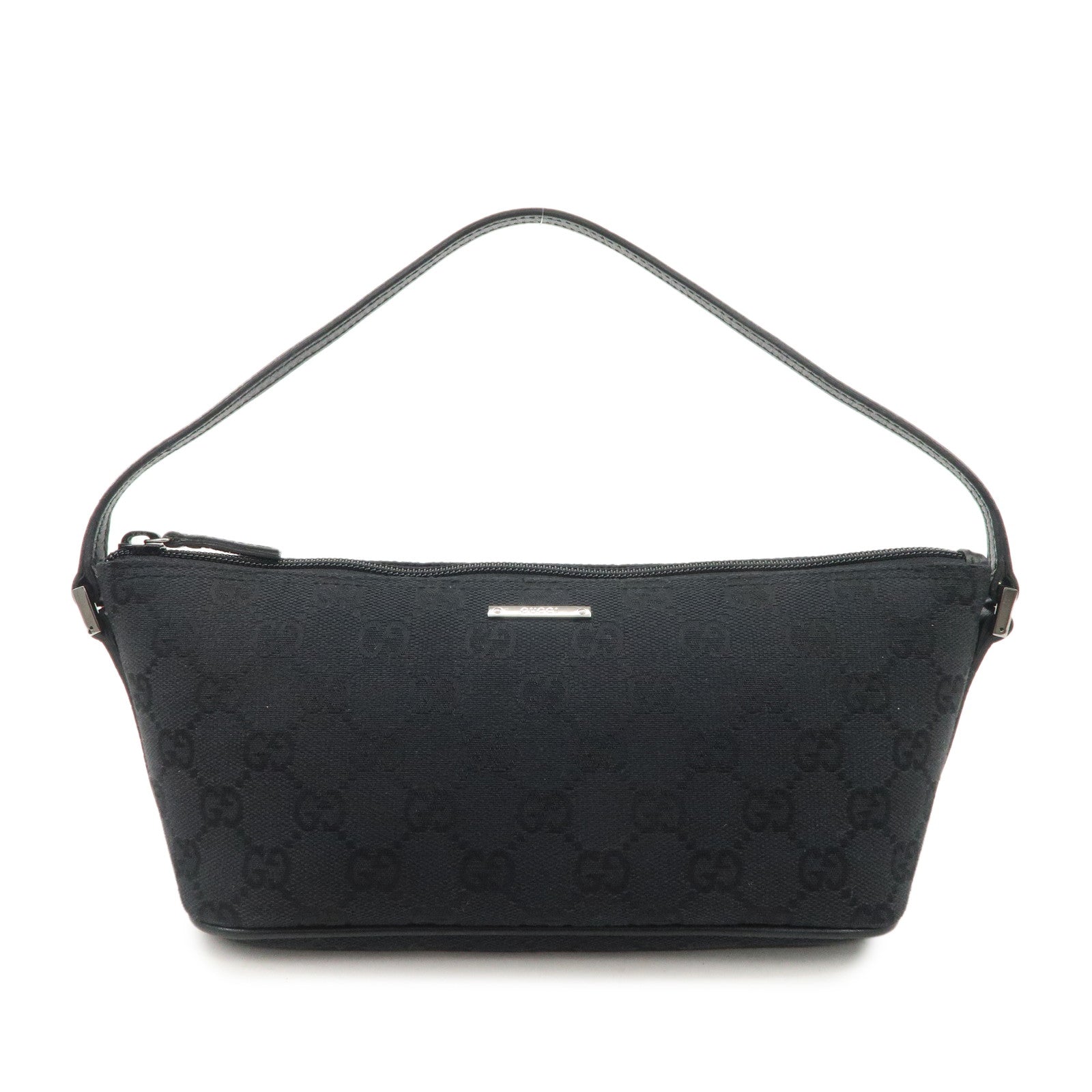 GUCCI Boat Bag GG Canvas Leather Hand Bag Black 07198 Used