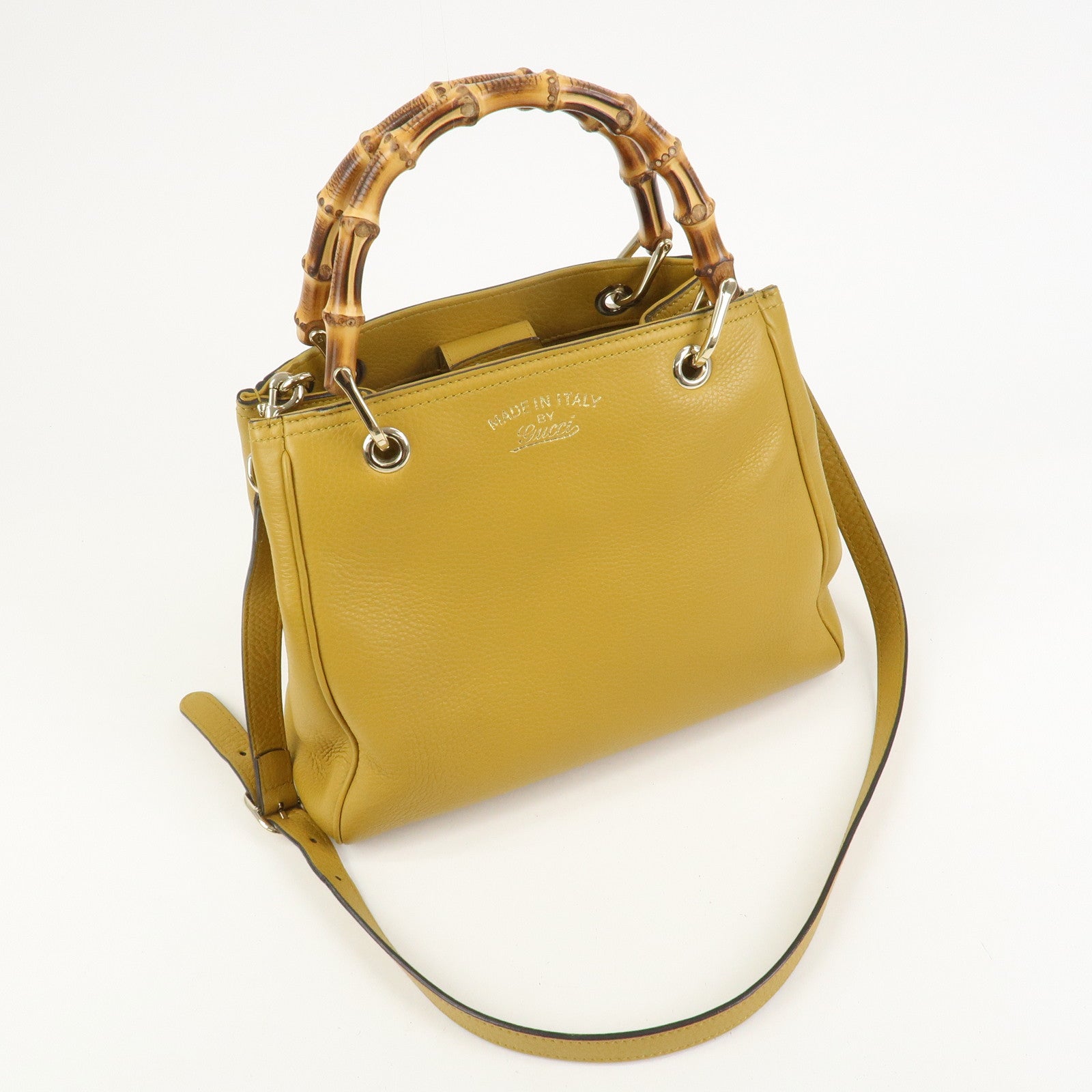 GUCCI Bamboo Leather 2Way Bag Tote Shoulder Bag Mustard 336032
