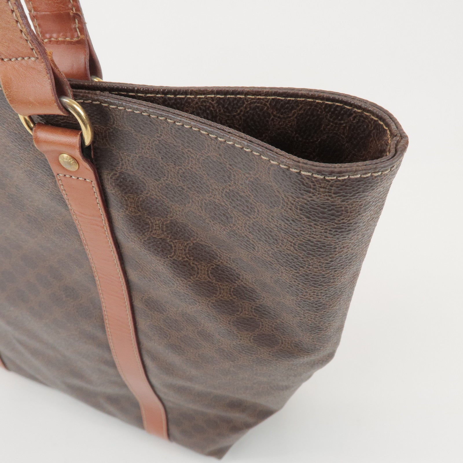 CELINE Macadam PVC Coated Canvas Leather Tote Bag Hand Bag Brown