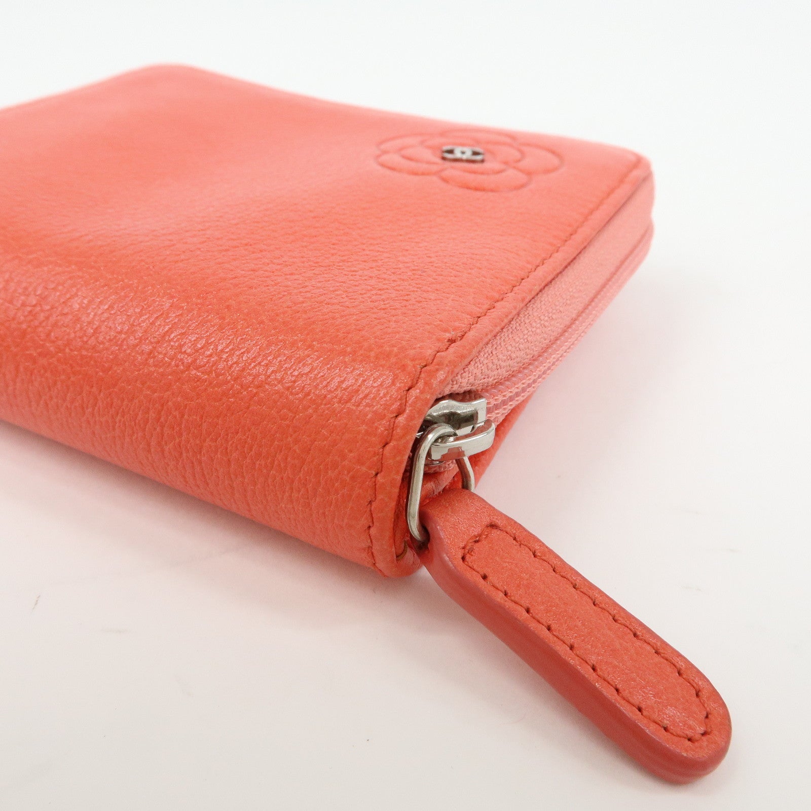 CHANEL Camellia Zip Around Leather Compact Wallet Rose Pink