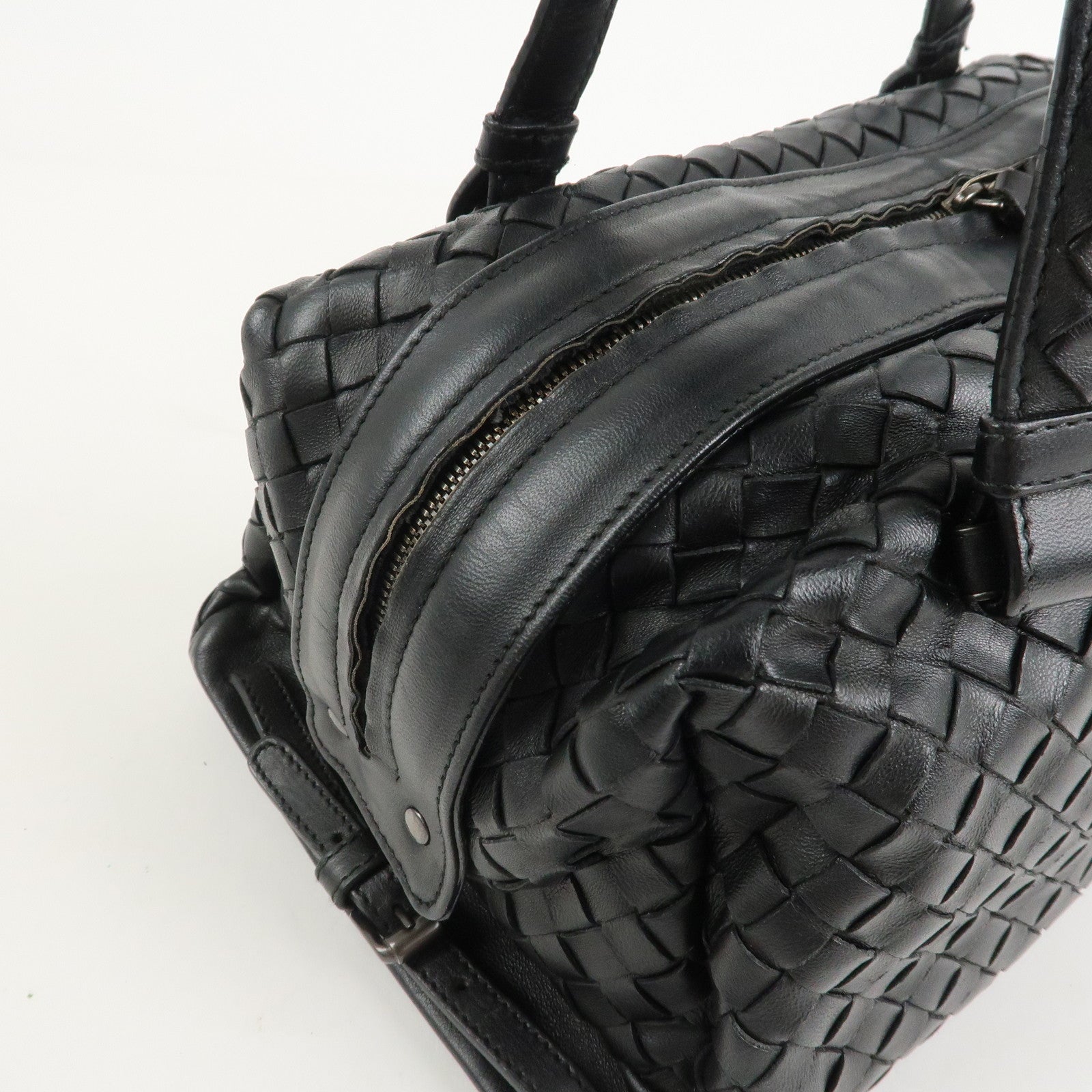 BOTTEGA VENETA Intrecciato Leather Boston Bag Hand Bag Black 145121