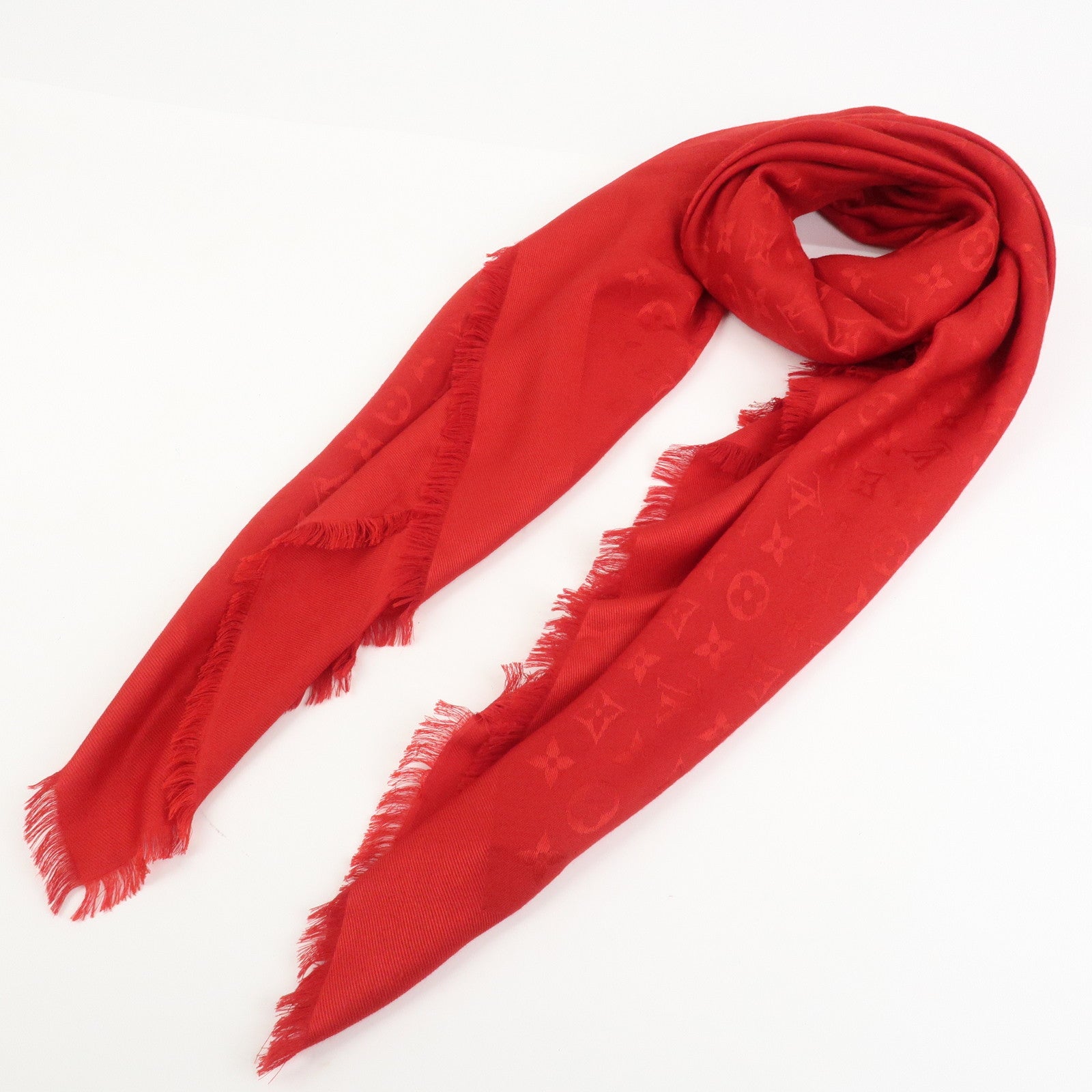 Louis Vuitton Monogram Shawl Silk Wool Large Scarf Red M72237