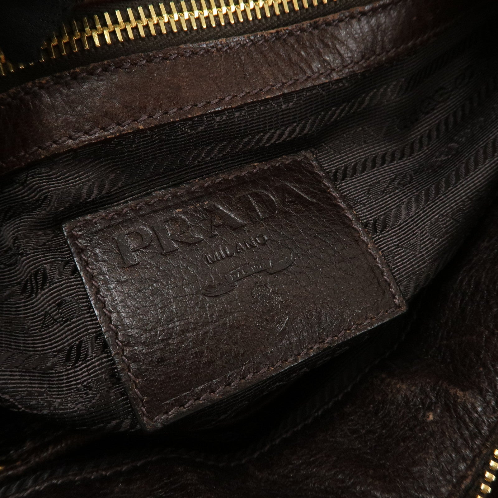 PRADA Logo Leather 2WAY Tote Bag Hand Bag Brown Gold Hardware Used