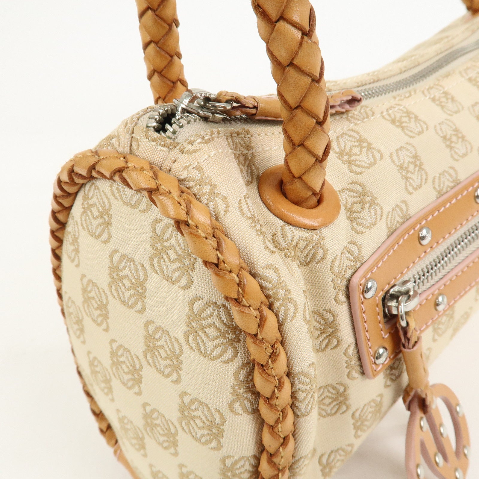 LOEWE Anagram Logo Canvas Shoulder Bag Leather Beige Light Brown