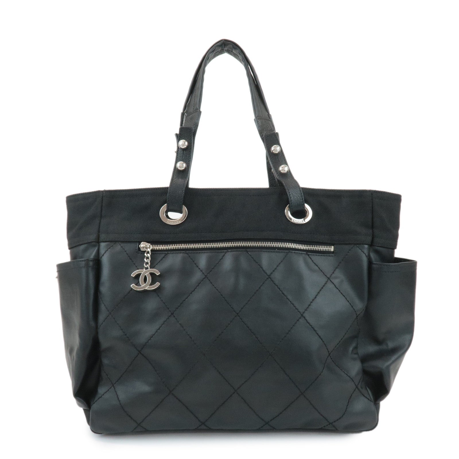 CHANEL COCO Paris Biarritz GM Coated Canvas Leather Tote Bag Black