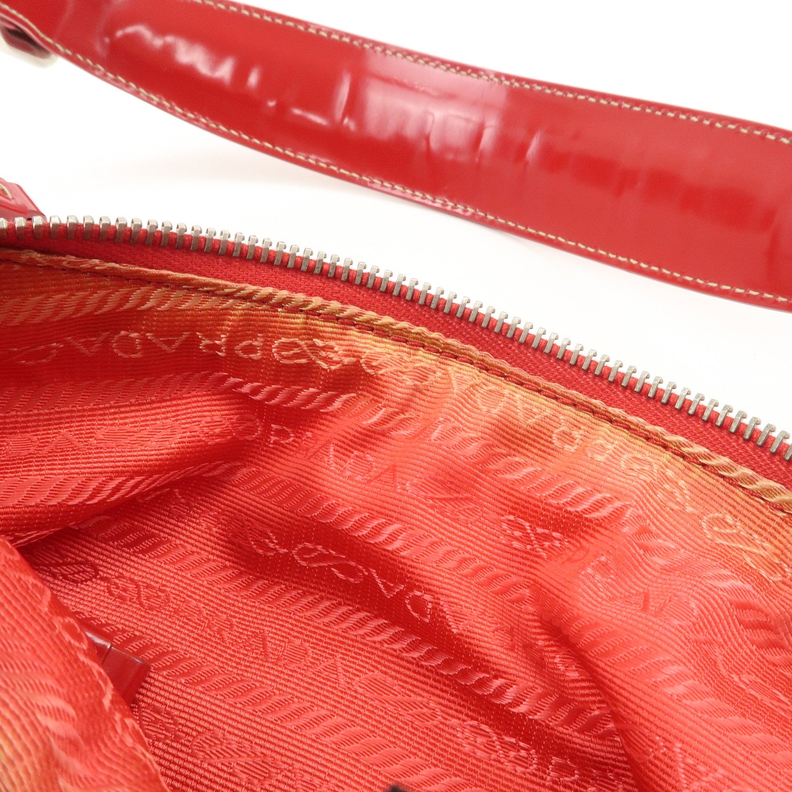 PRADA Logo Nylon Leather Shoulder Bag Silver HDW Red Used