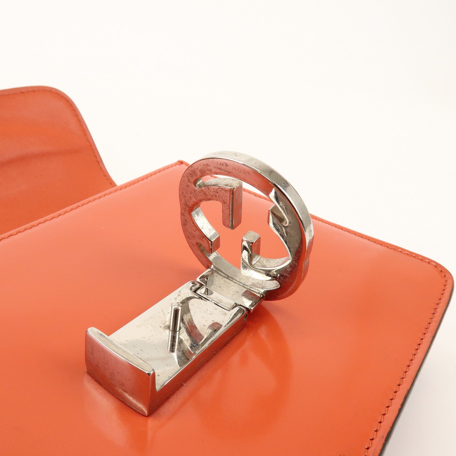 GUCCI Interlocking G Patent Leather Chain ShoulderBag Orange 387609