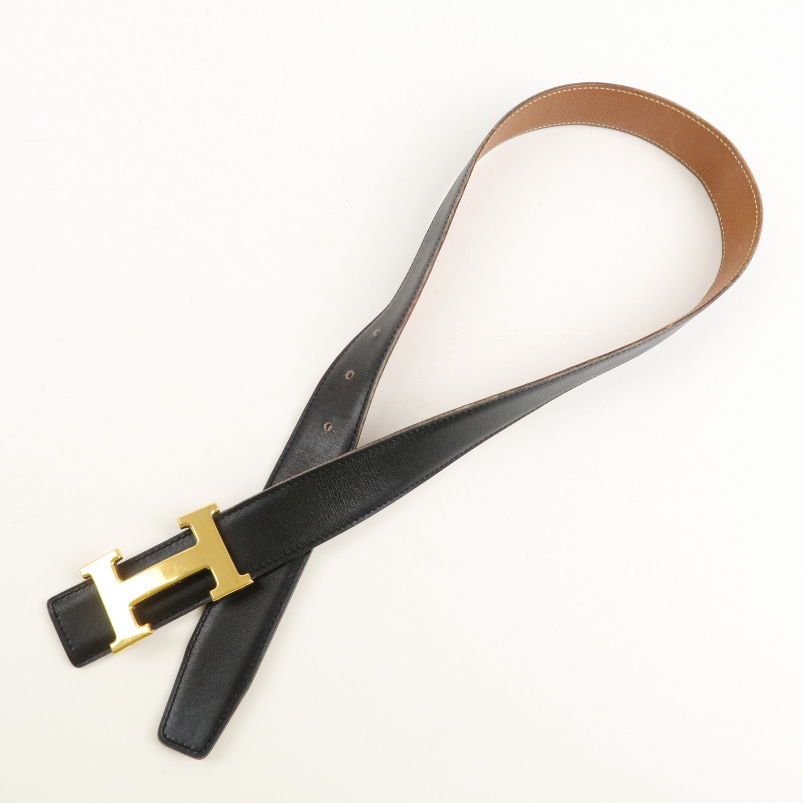 HERMES H Buckle Reversible Box Calf Constance Belt X Stamped Black Used
