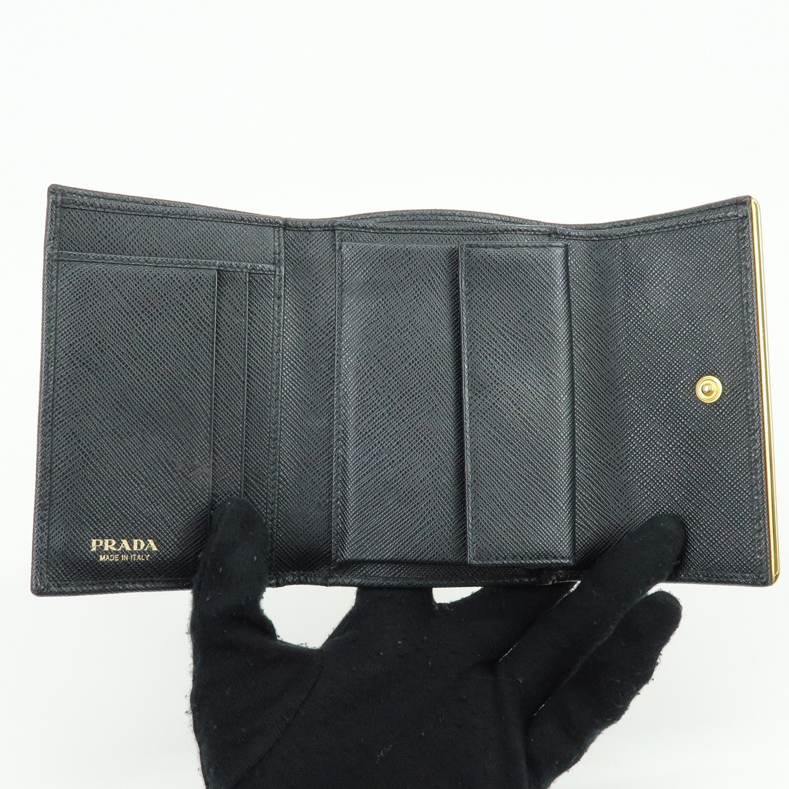 PRADA Saffiano Leather Bi-fold Compact Wallet Black Gold 1MH840