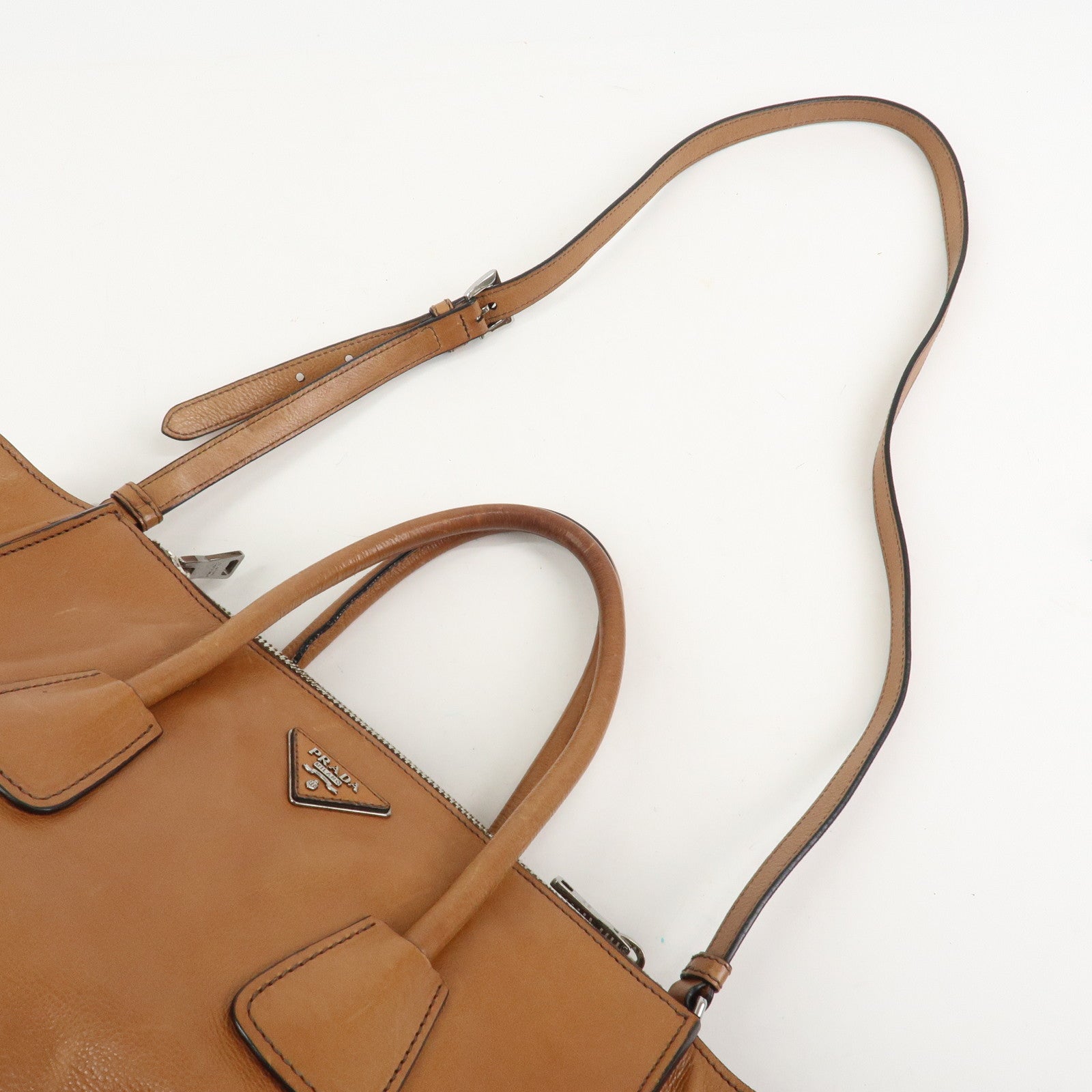 PRADA Triangle Logo Leather 2Way Hand Bag Shoulder Bag Brown BN2619