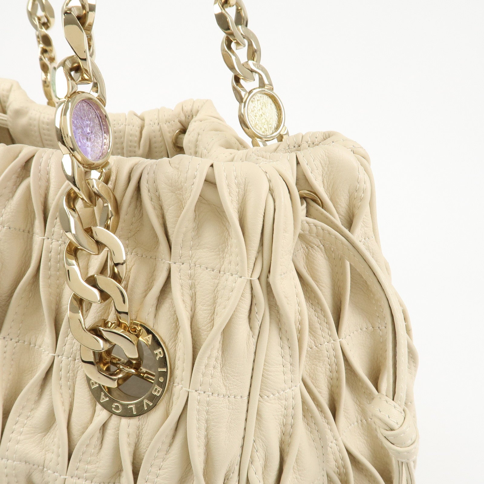 BVLGARI Monete Leather 2Way Bag Shoulder Bag Hand Bag Ivory