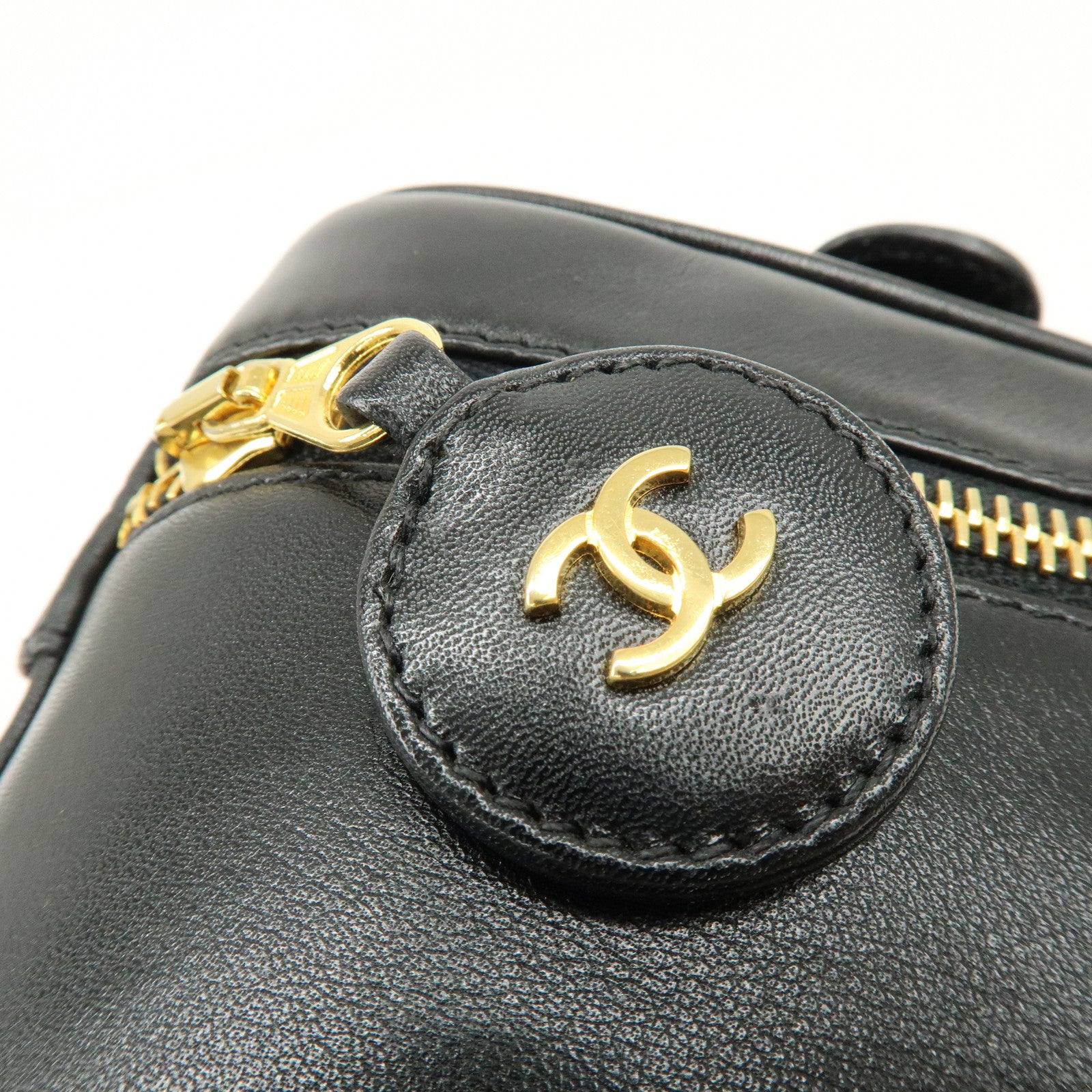 CHANEL COCO Mark Lamb Skin Vanity Bag Hand Bag Black A01998