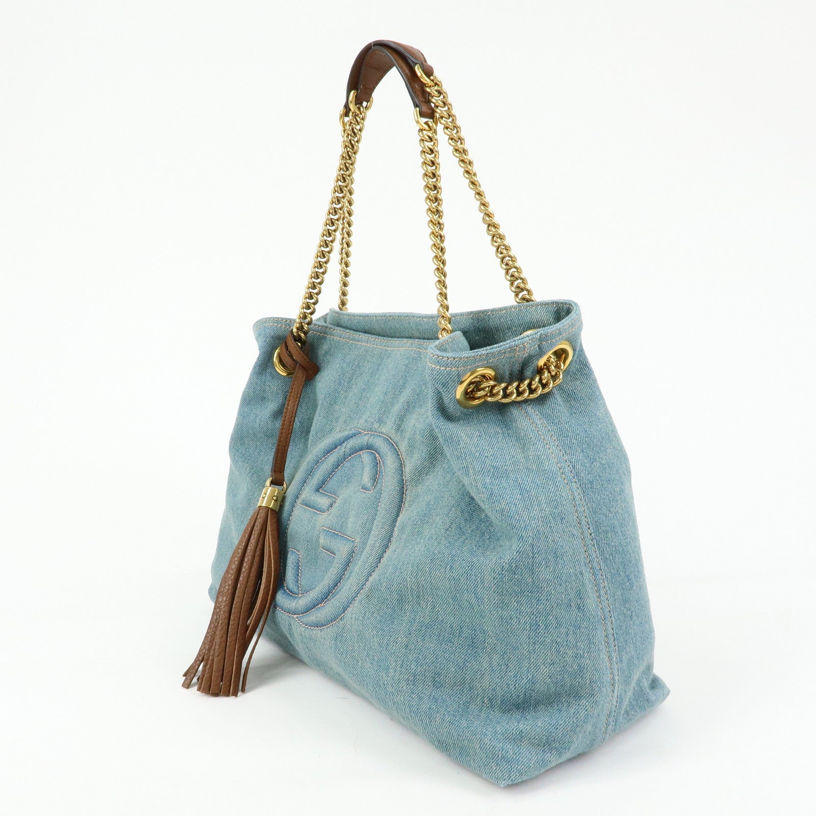 GUCCI SOHO Interlocking G Denim Leather Chain Shoulder Bag 308982