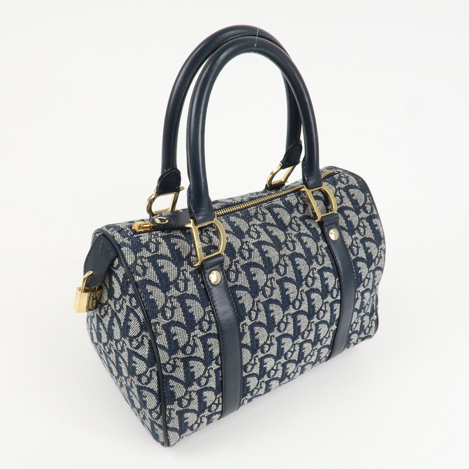 Christian Dior Trotter Leather Canvas Boston Bag Navy White Used