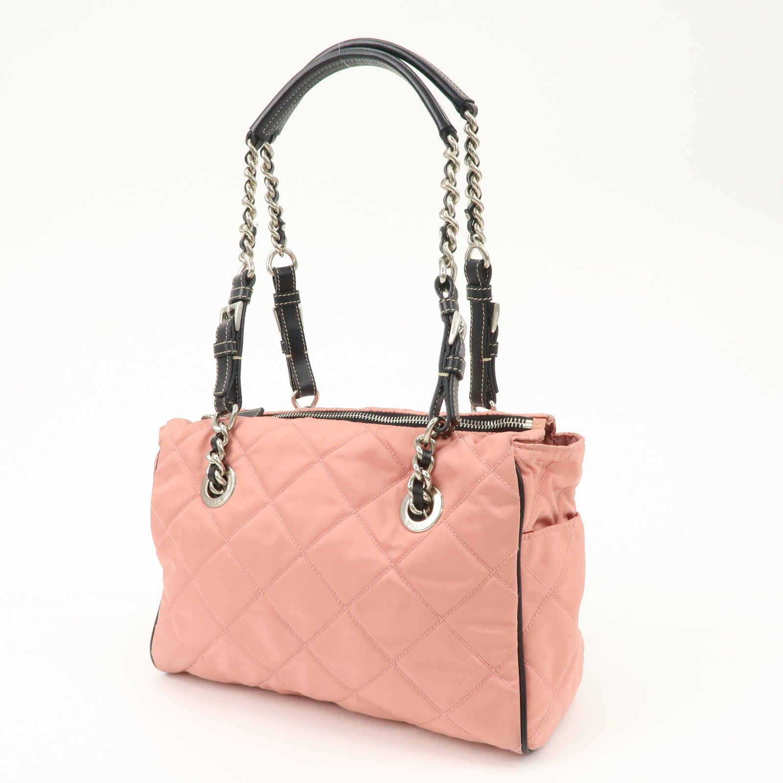 PRADA Triangle Logo Leather Nylon Shoulder Bag Tote Bag Pink BR2236 Used