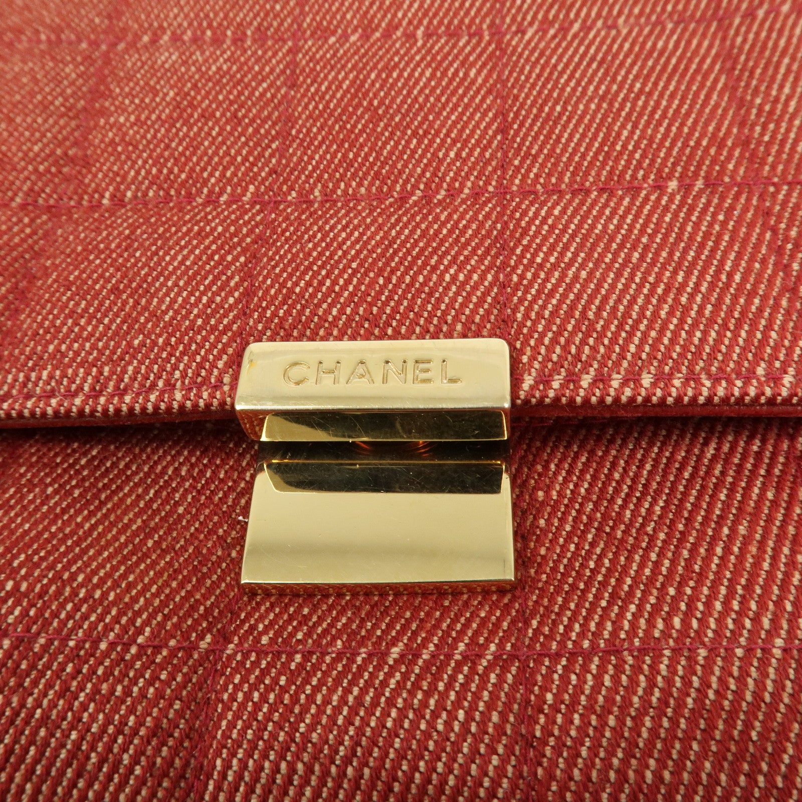CHANEL Denim Lamb Skin Leather Chain Shoulder Bag Red