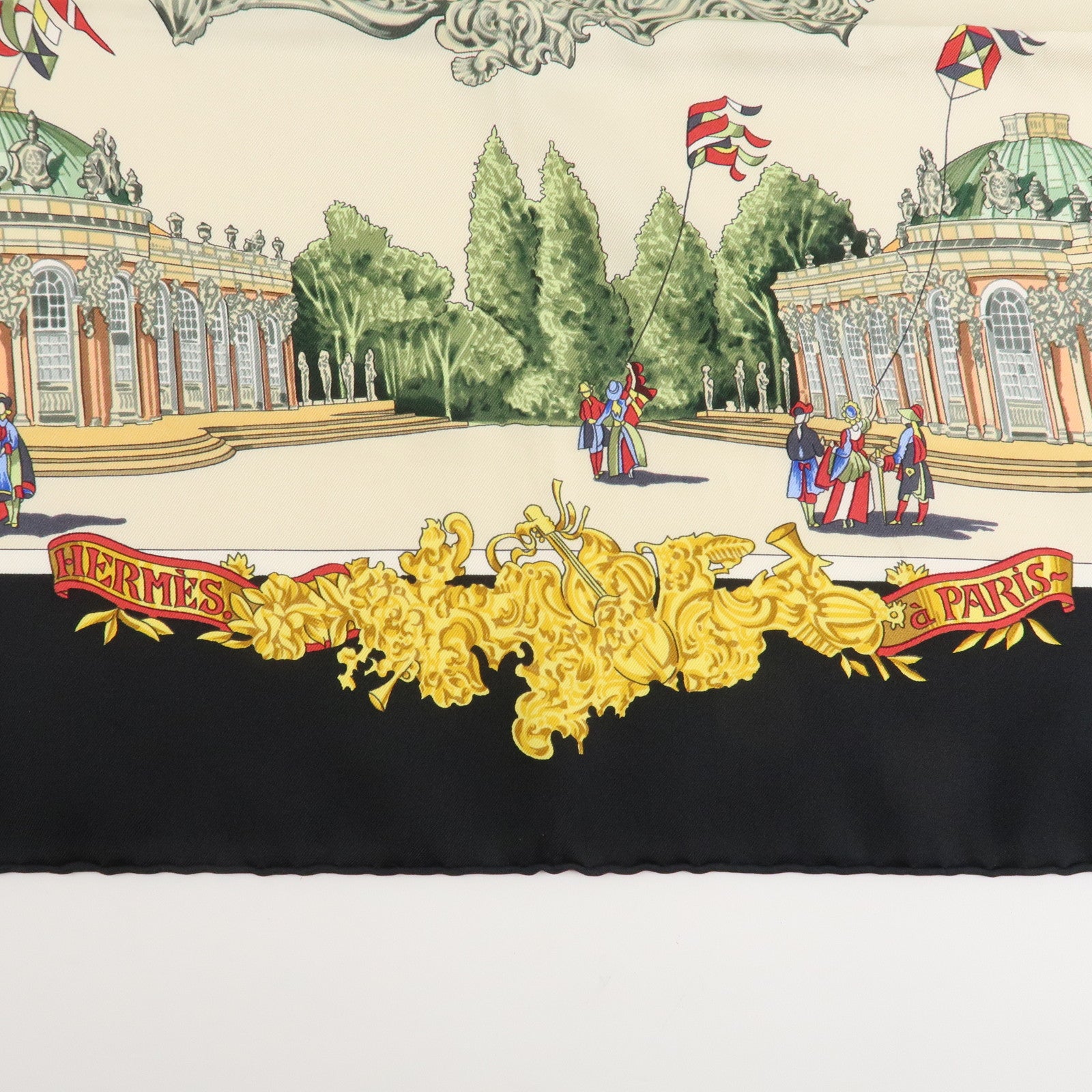 HERMES Carre 90 Silk 100% Scarf SANSSOUCY Gold Back Ivory Used