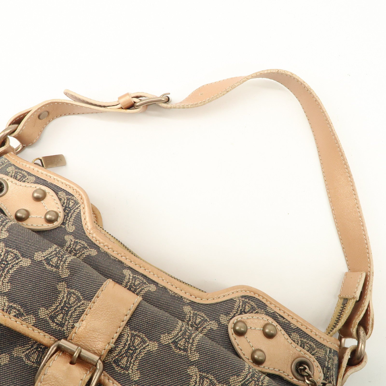 CELINE Macadam Leather Denim Shoulder Bag Hand Bag Beige Navy Used