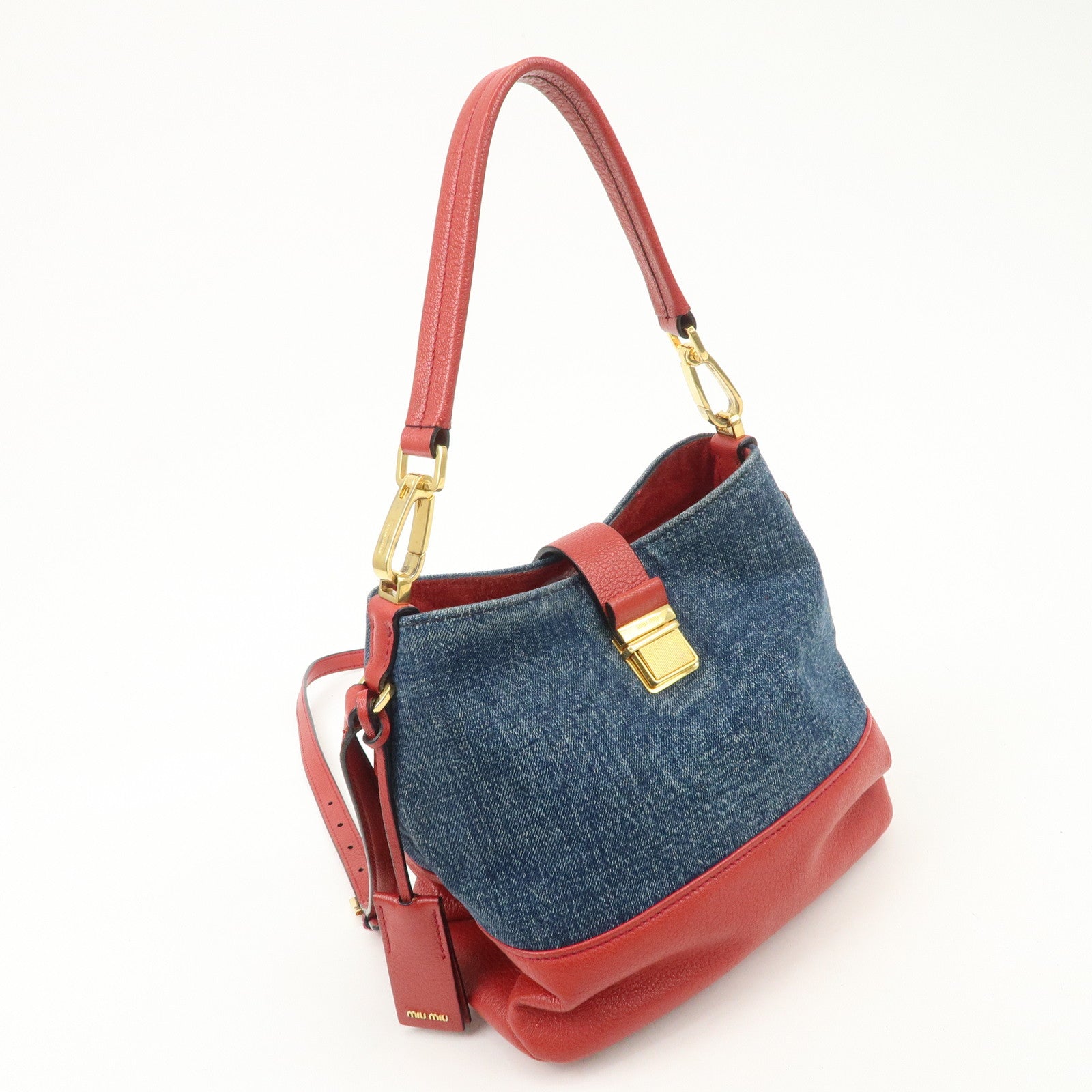 MIU MIU Madras Leather Denim 2Way Bag Shoulder Bag Red RR1951 Used