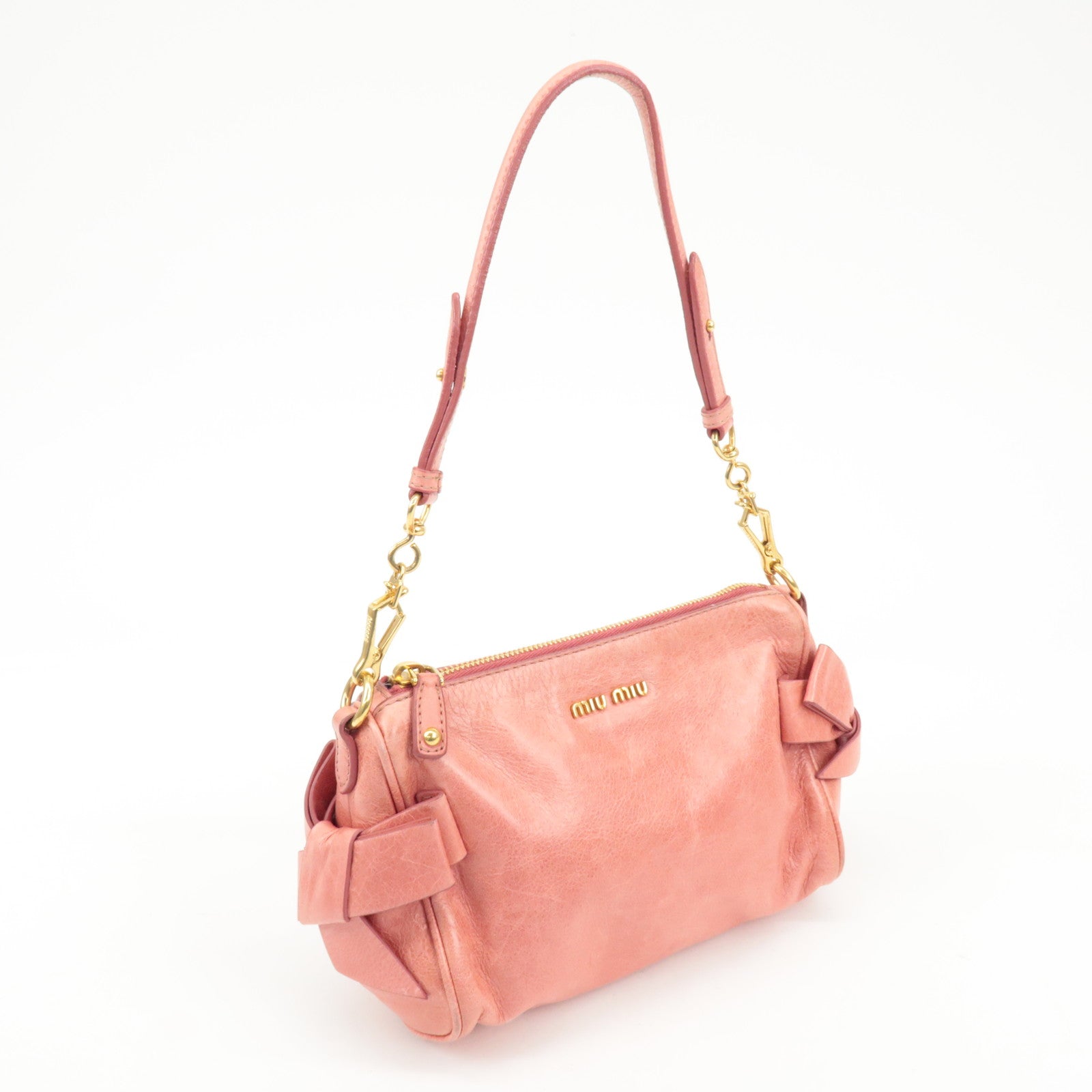 MIU MIU Leather Side Ribbon Mini Shoulder Hand Bag Pink 5N1557 Used