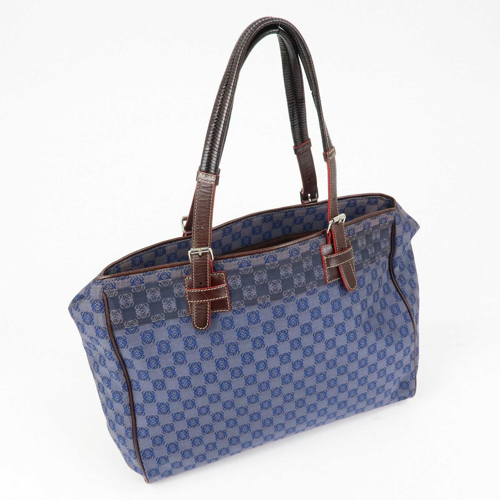 LOEWE Repeat Anagram Canvas Leather Tote Bag Hand Bag Blue Brown