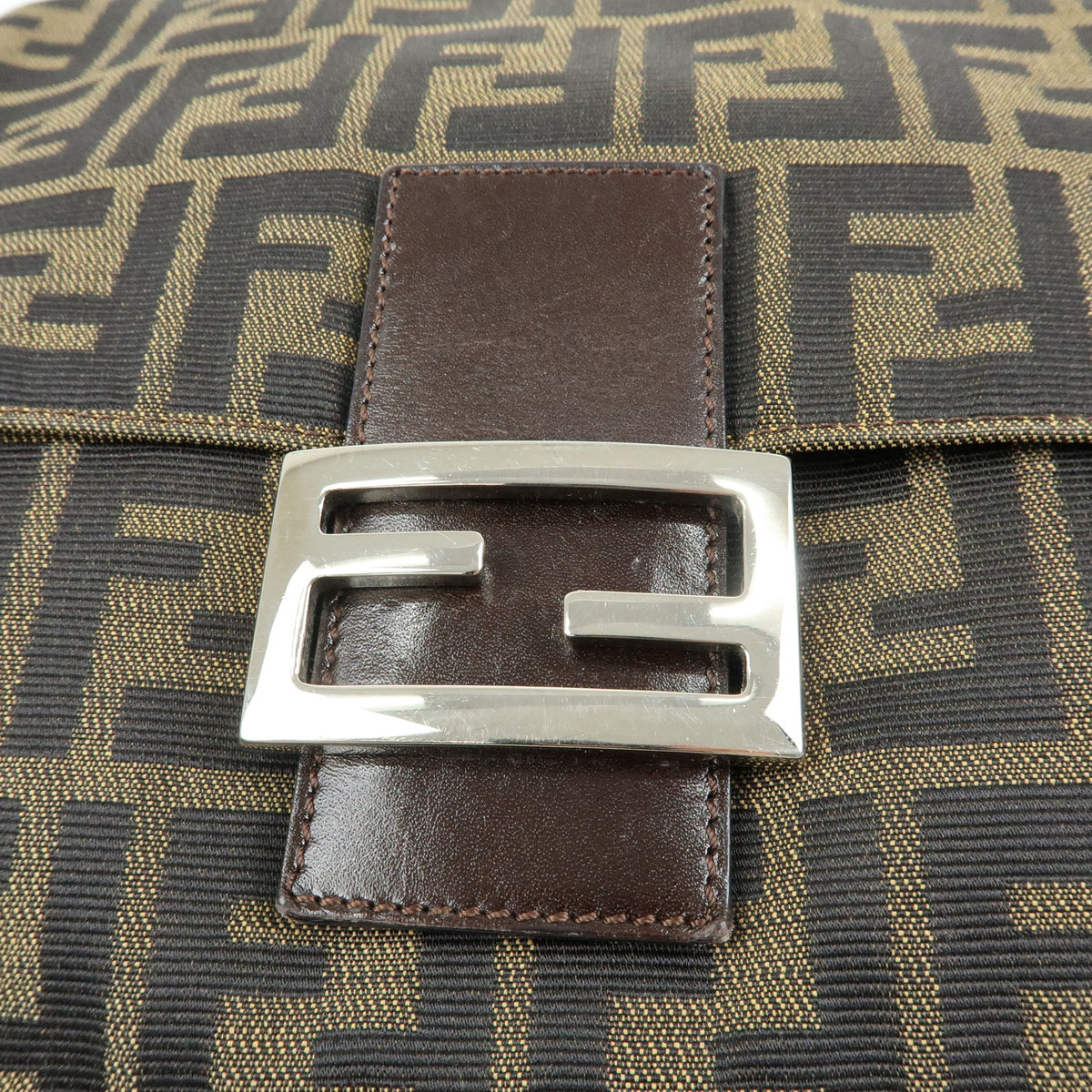 FENDI Mamma Baguette Zucca Canvas Leather Shoulder Bag Brown 26325