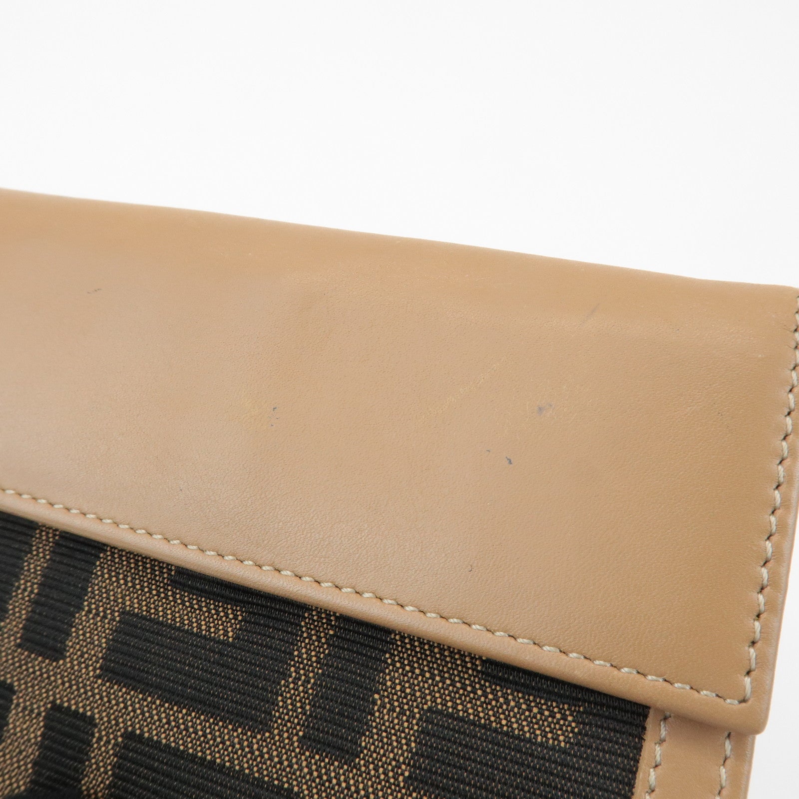 FENDI Zucca Leather Canvas Double Hook Bi Fold Wallet Beige 8M0035 Used