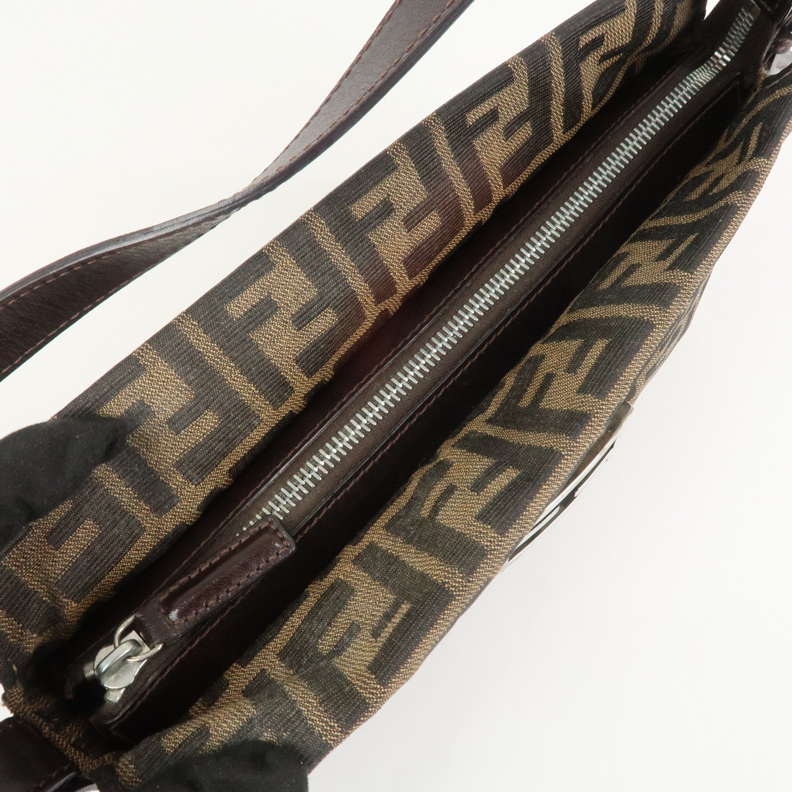 FENDI Zucca Canvas Leather Shoulder Bag Brown Black 26566