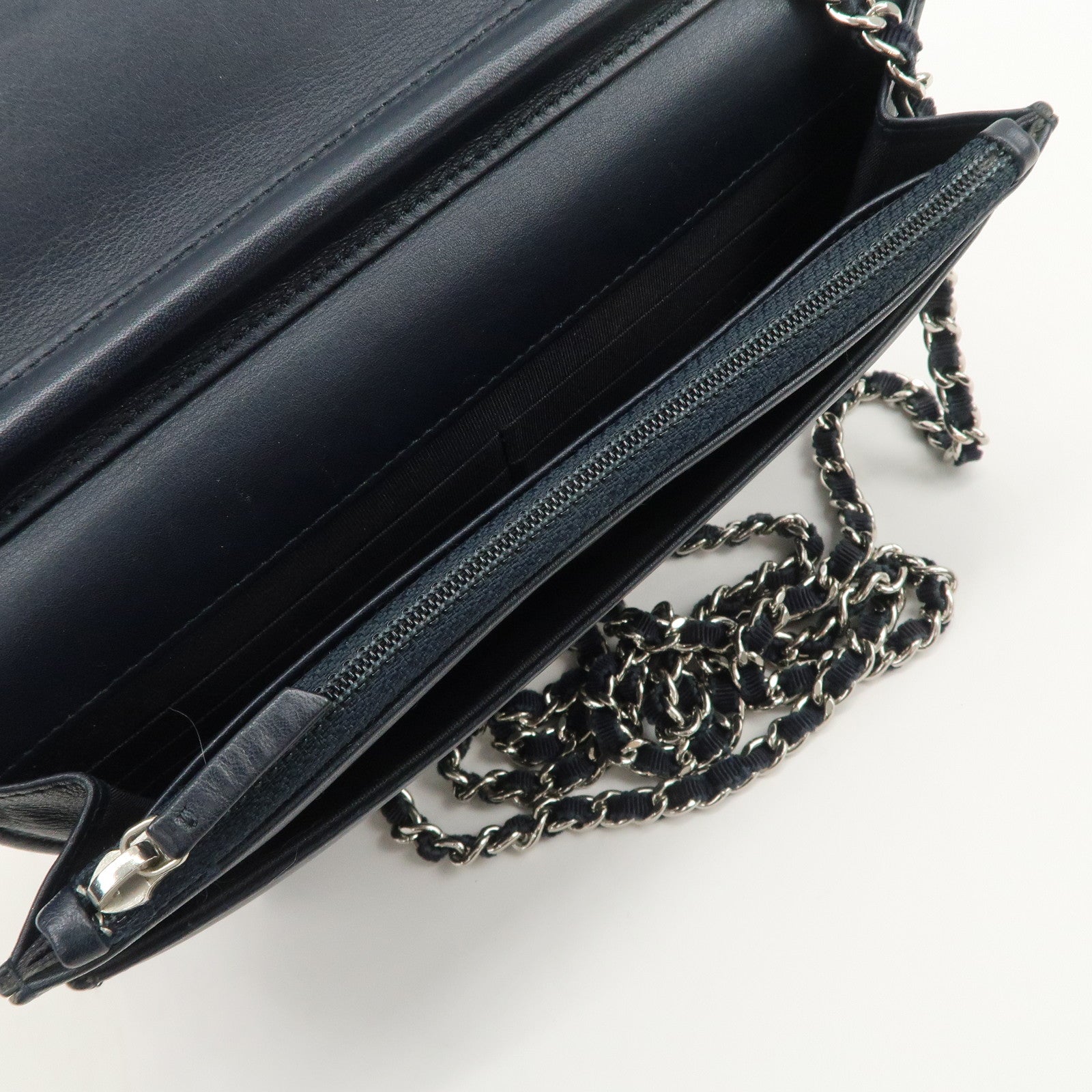 CHANEL Deauville Denim Chain Wallet Navy Brown Silver HDW A80795 Used