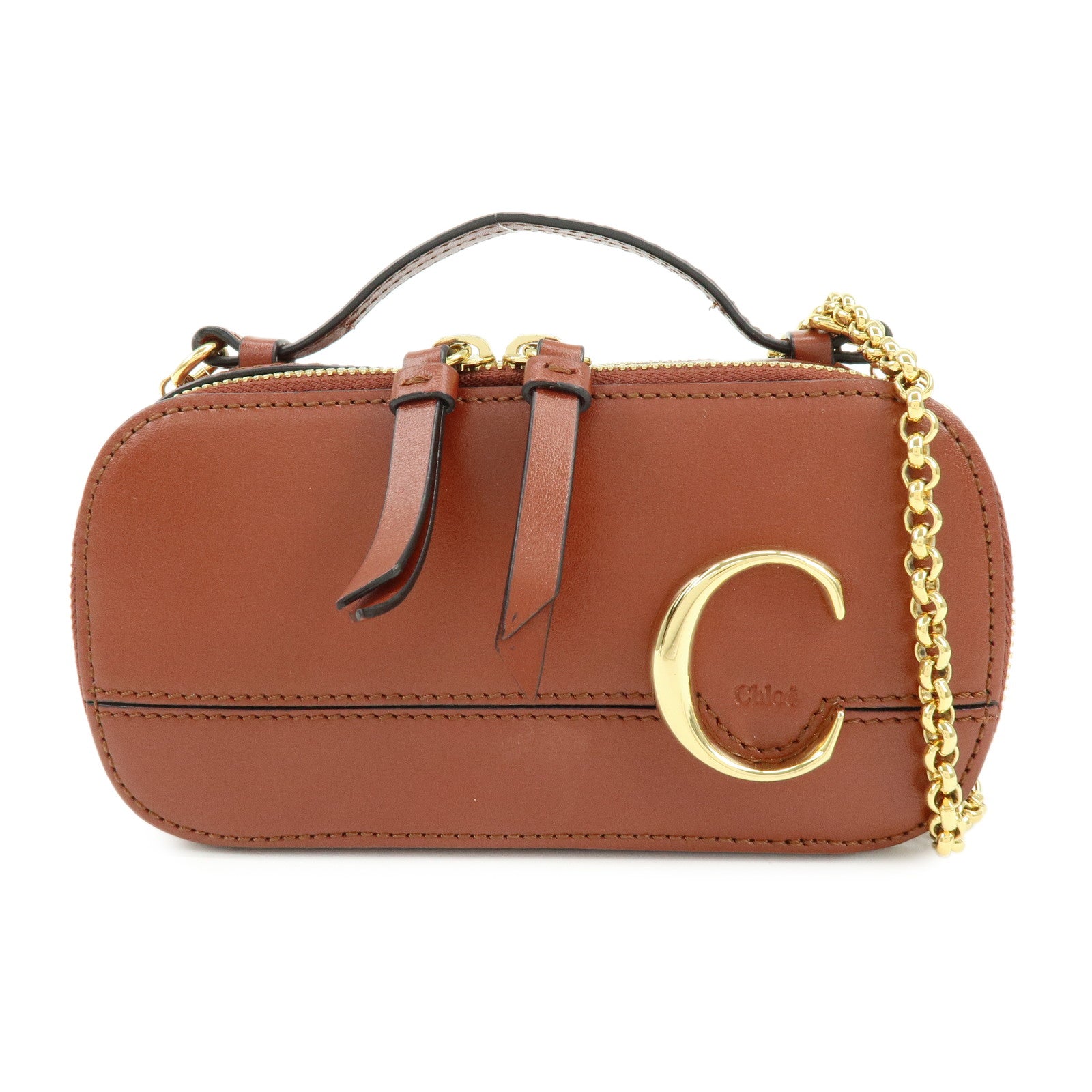 Chloe Leather 2Way Chain Shoulder Bag Mini Vanity Bag Brown
