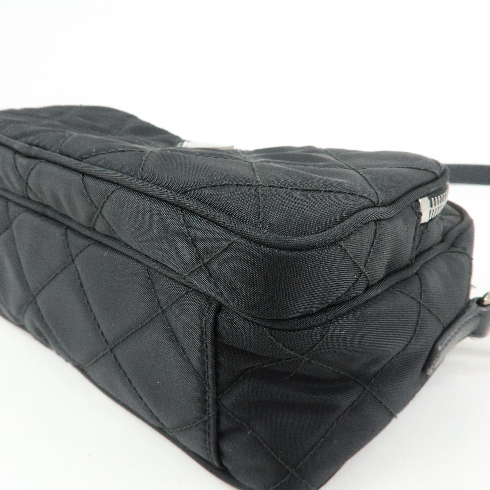 PRADA Triangle Logo Nylon Leather Quilt Shoulder Bag Black BT1027