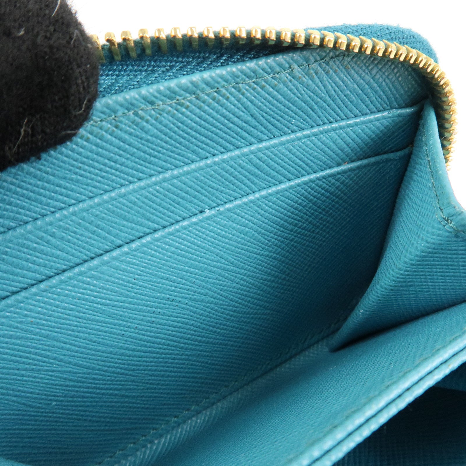 PRADA Logo Saffiano Leather Round Zippy Small Wallet Blue 1MM268 Used