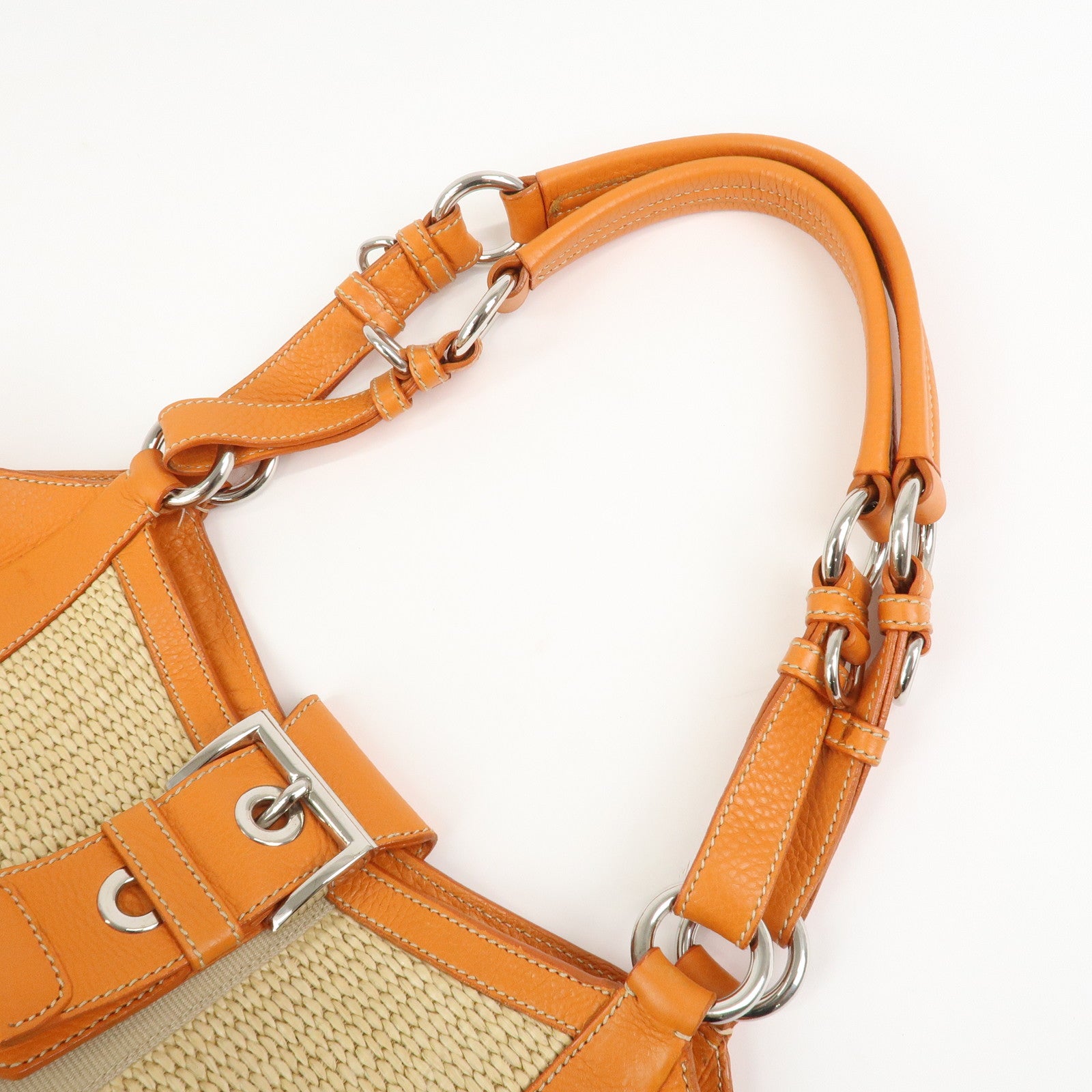 PRADA Logo Raffia Leather Shoulder Bag Hand Bag Orange BR2923