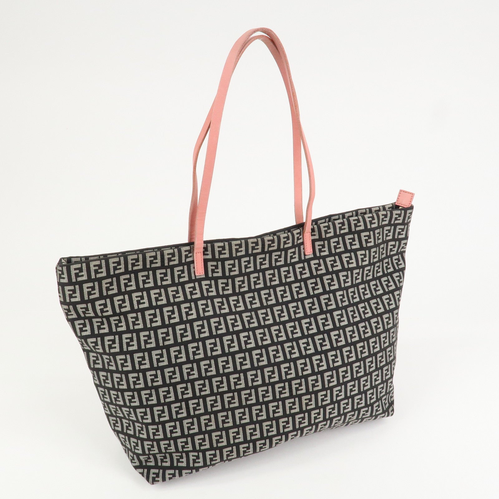 FENDI Zucchino Canvas Leather Tote Shoulder Bag Black Pink 8BH025
