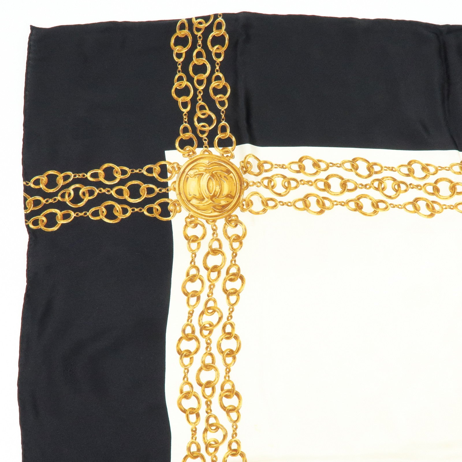 CHANEL Silk 100% Scarf Gold Chain Motif Black White