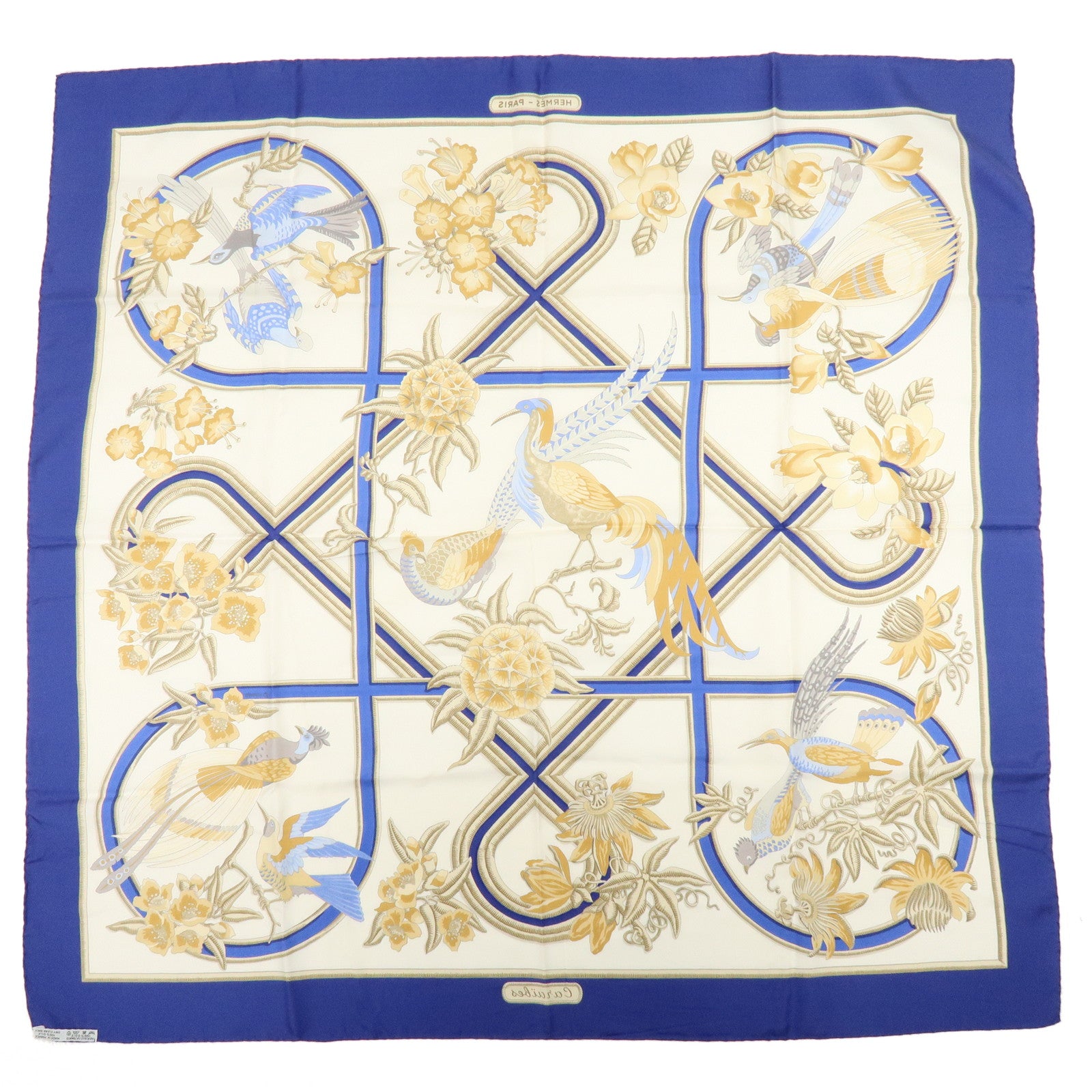 HERMES Carre Silk 100% Scarf Caraibes Oiseaux Ivory Blue
