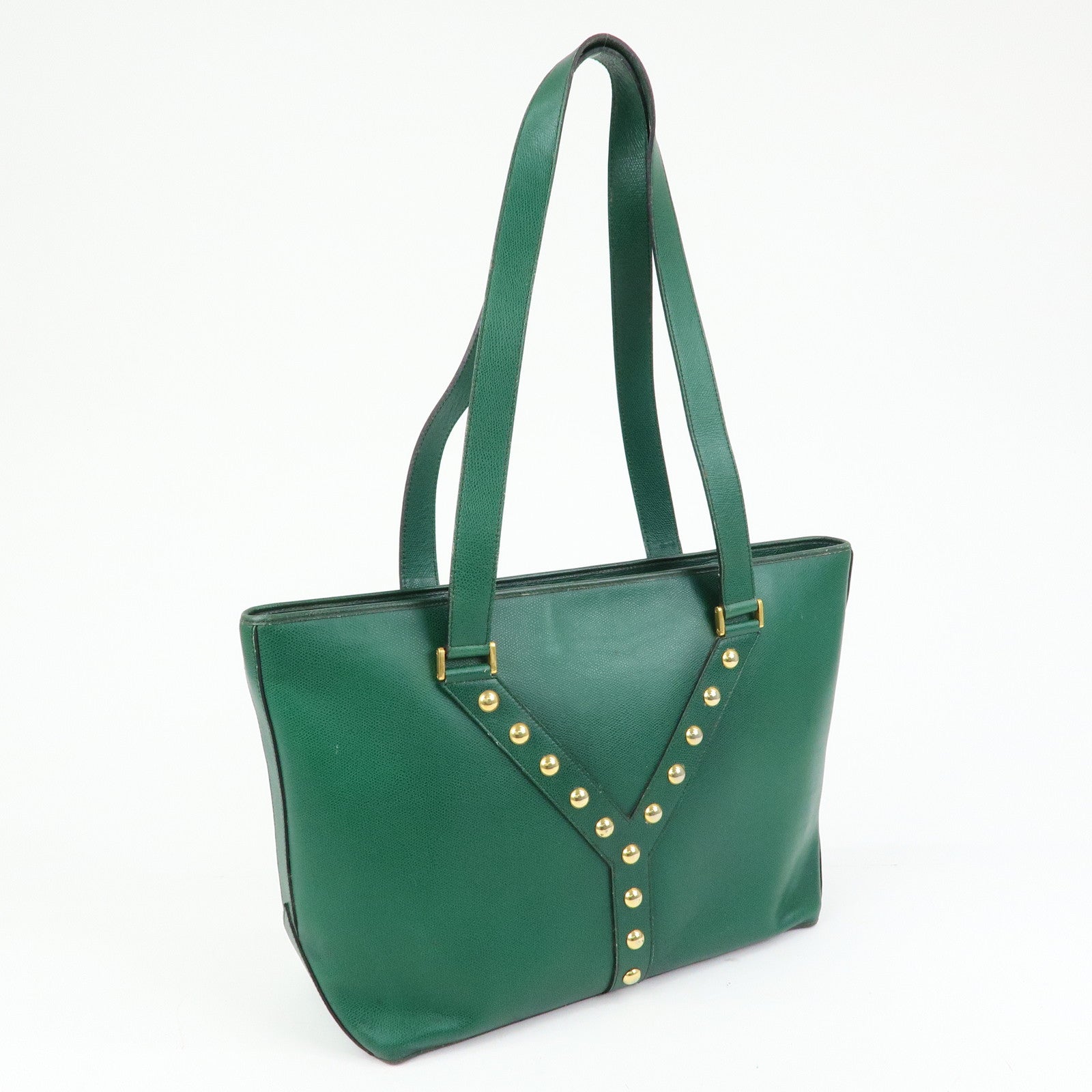 SAINT LAURENT PARIS Y Line Leather Studs Tote Shoulder Bag Green