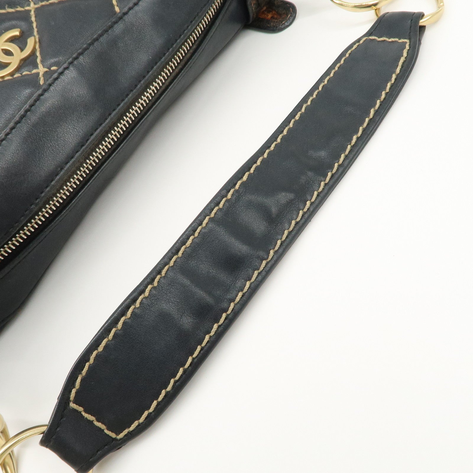 CHANEL COCO Mark Wild Stich Lamb Skin Chain Shoulder Bag Black Used