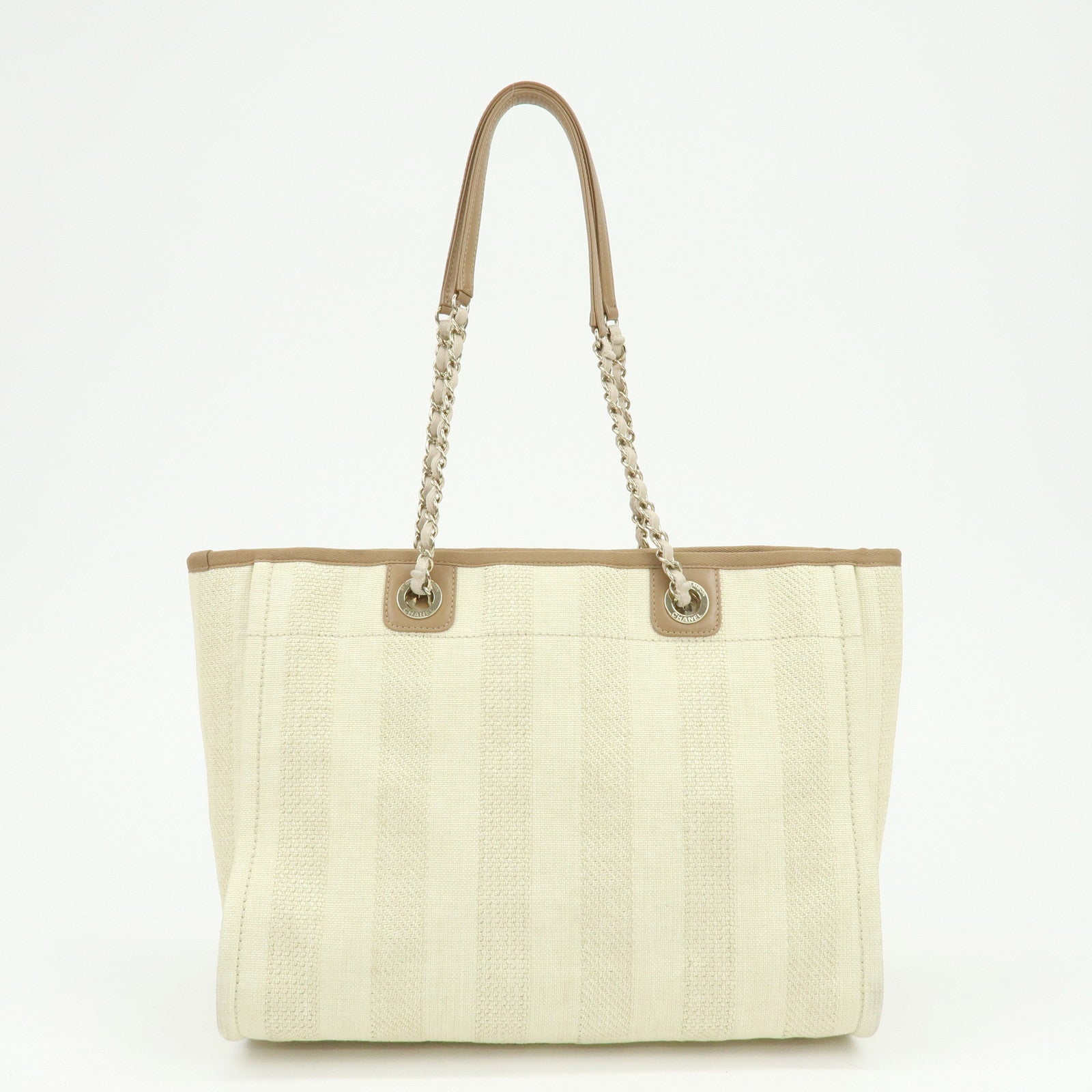 CHANEL Deauville MM Straw Leather Tote Shoulder Bag Beige A67001