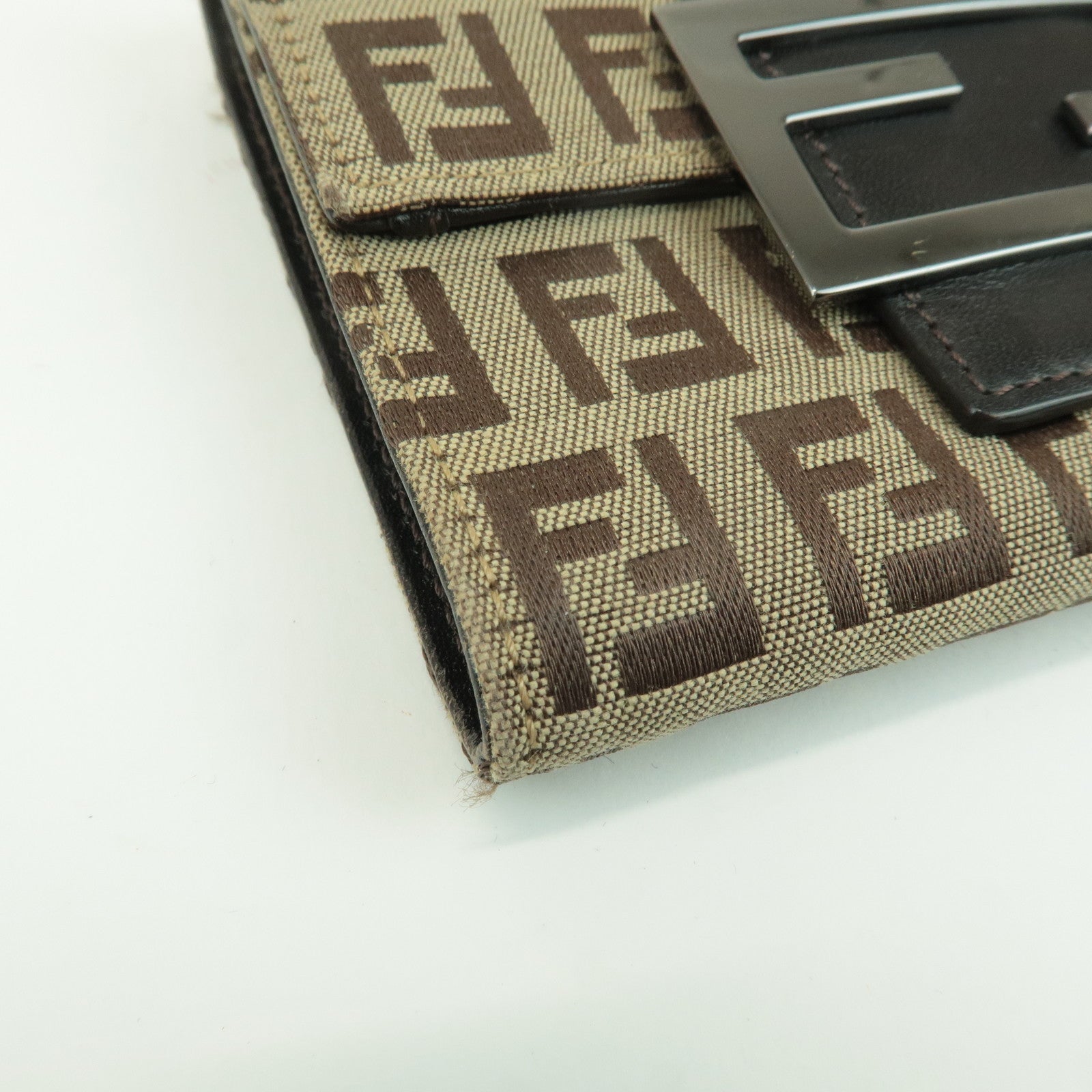 FENDI Zucchino Canvas Leather Tri-fold Wallet Beige Brown 8M0023 Used