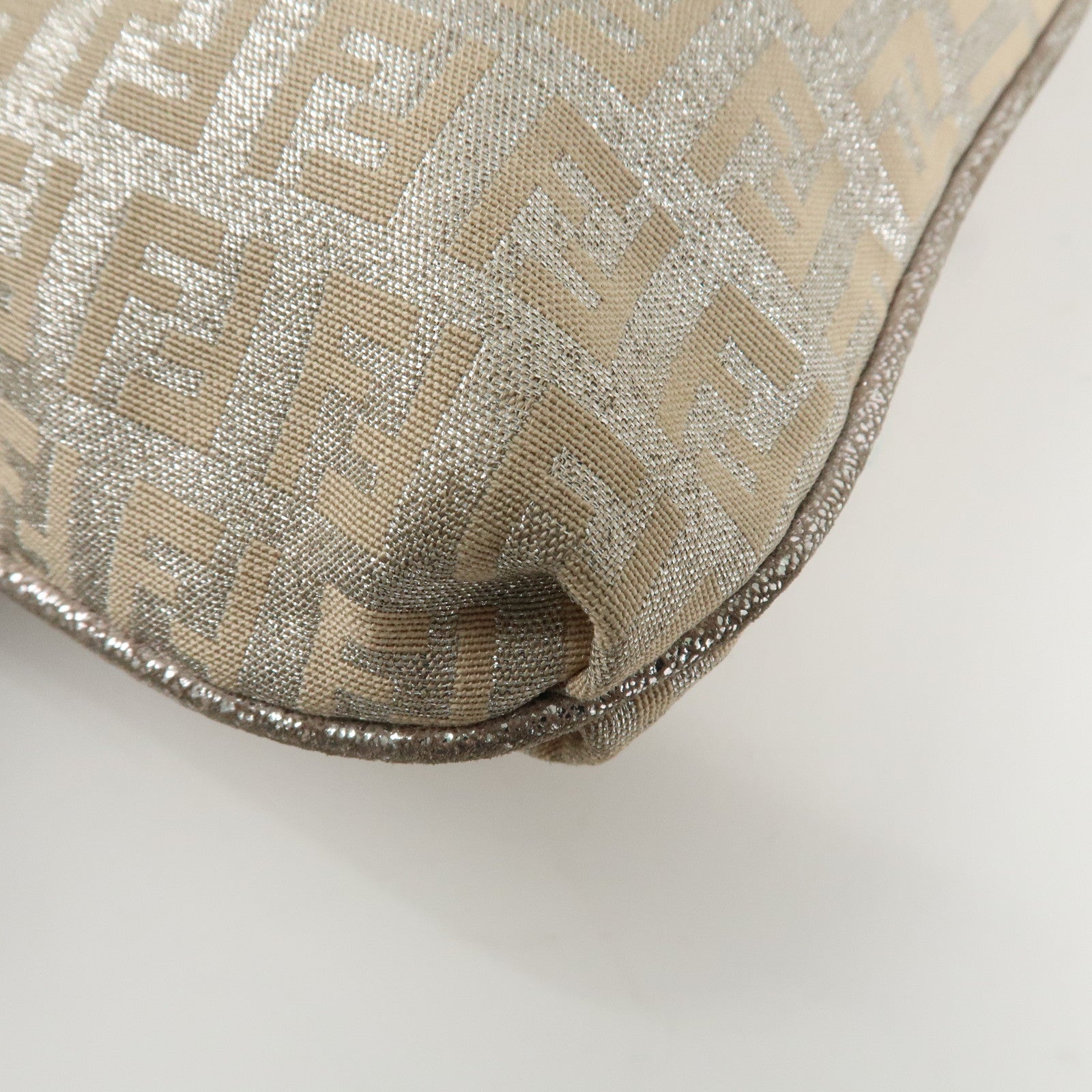 FENDI Zucchino Canvas Leather Shoulder Bag Silver Beige 8BT075