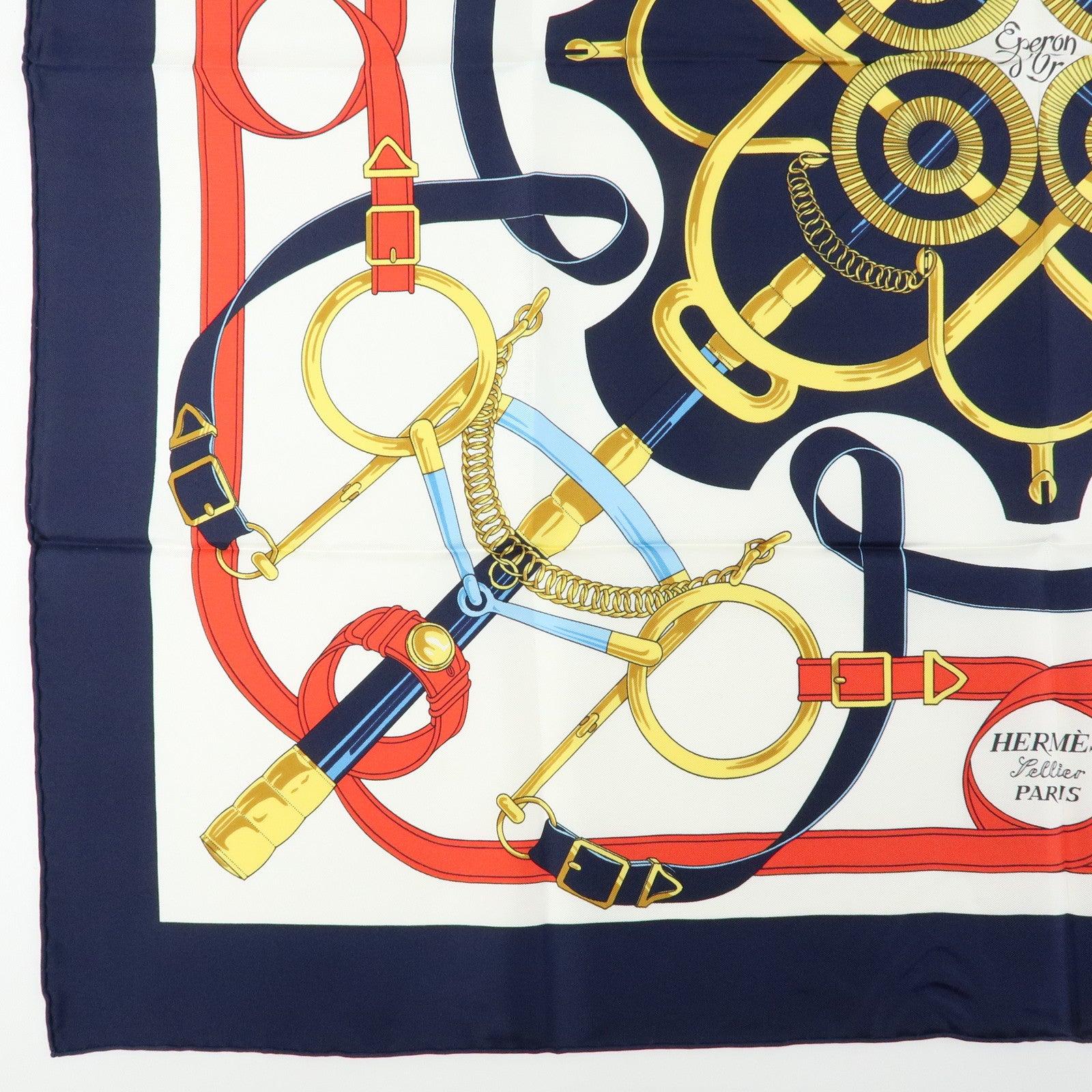 HERMES Carre 90 Silk 100% Scarf Eperon d'or White Navy Red Yellow