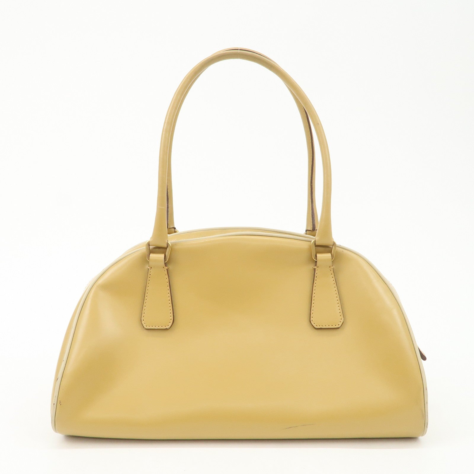 PRADA Leather Bowling Bag Boston Bag Hand Bag Gold HDW Beige