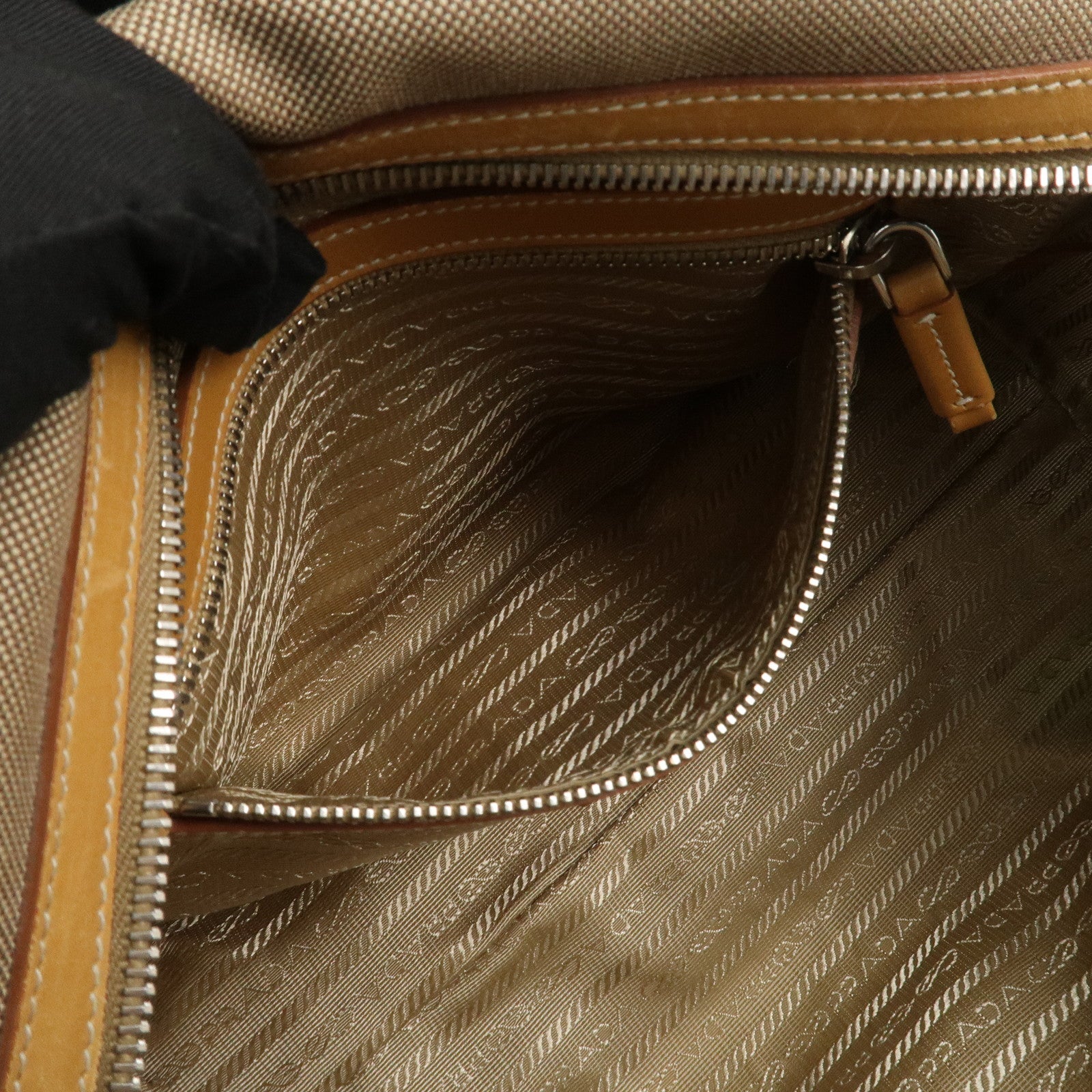 PRADA Logo Jacquard Leather Boston Bag Shoulder Bag Beige Used