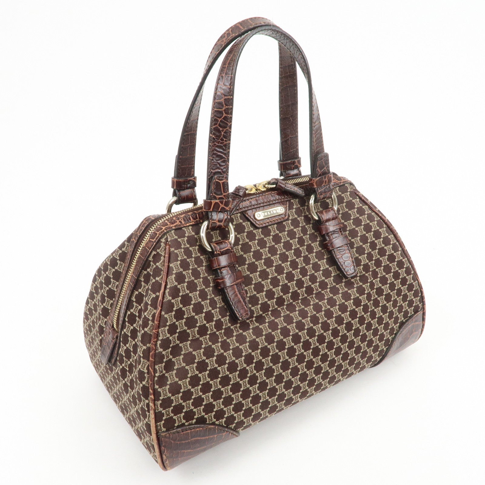 CELINE Macadam Canvas Embossed Leather Hand Bag Shoulder Bag Brown